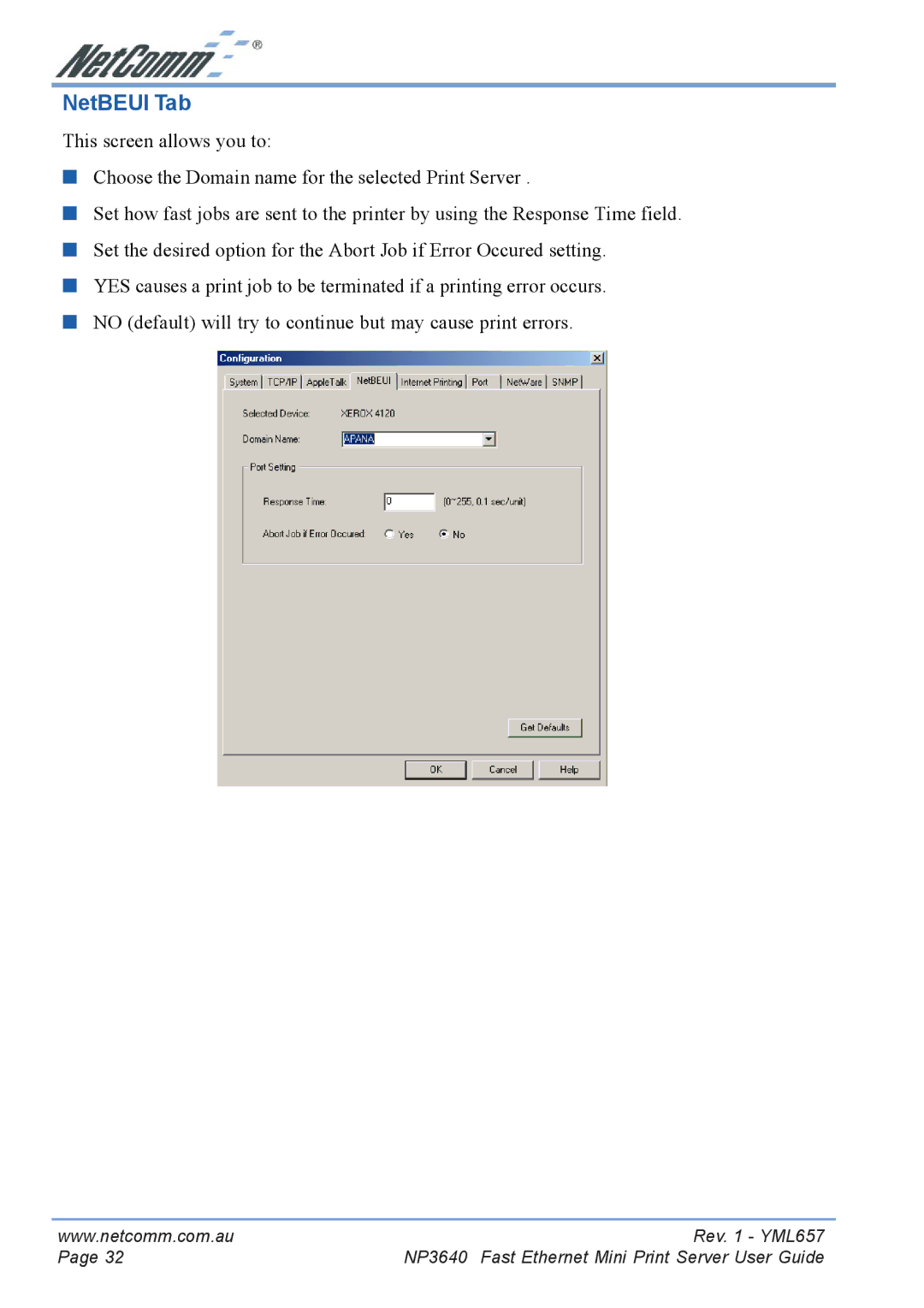 NetComm NP3640 manual NetBEUI Tab 