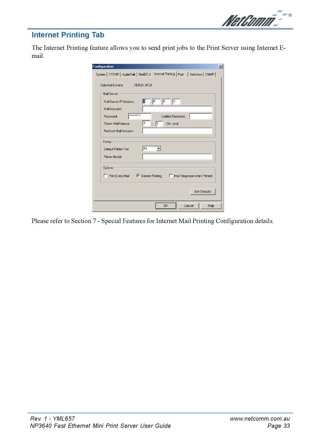 NetComm NP3640 manual Internet Printing Tab 