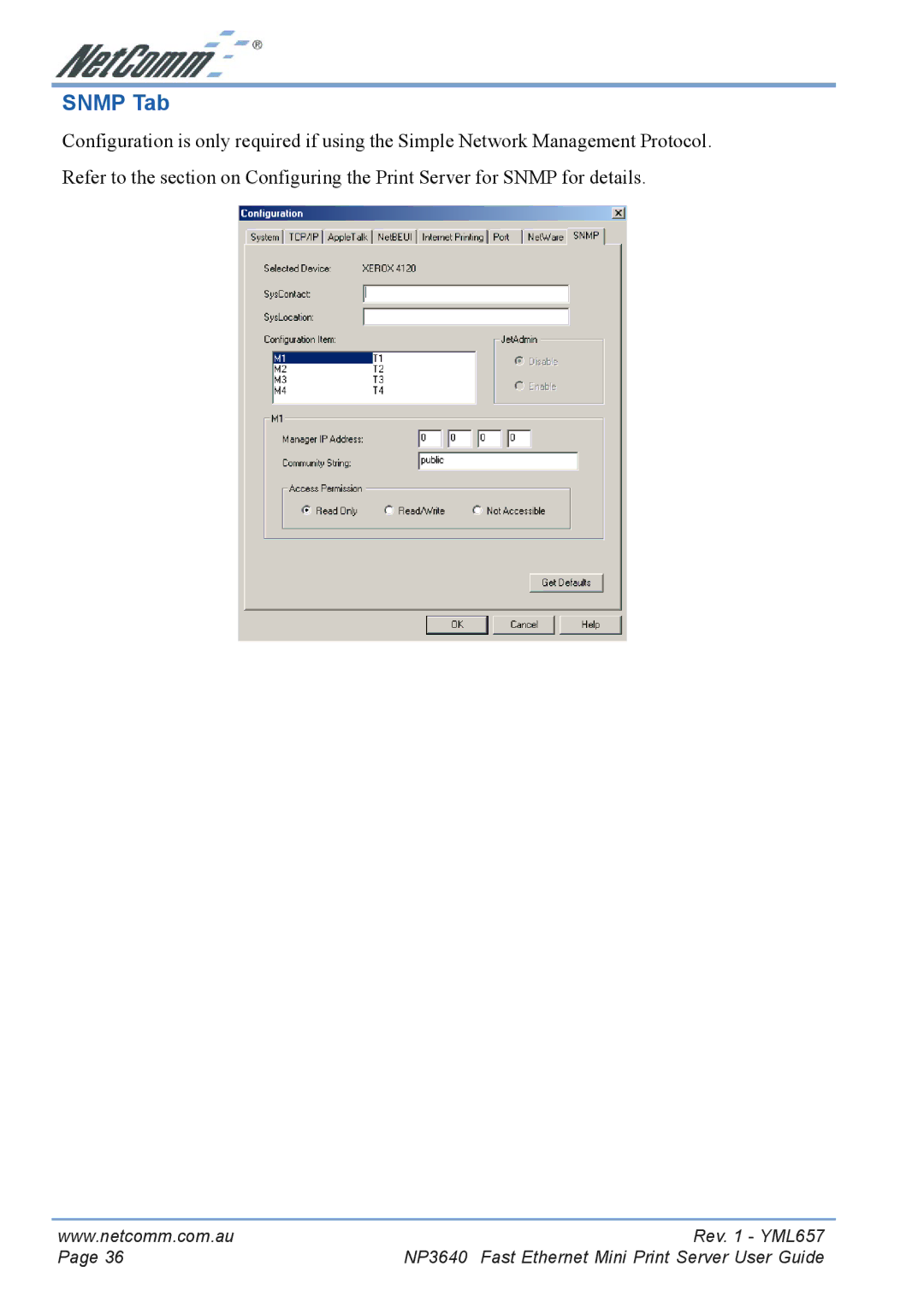 NetComm NP3640 manual Snmp Tab 