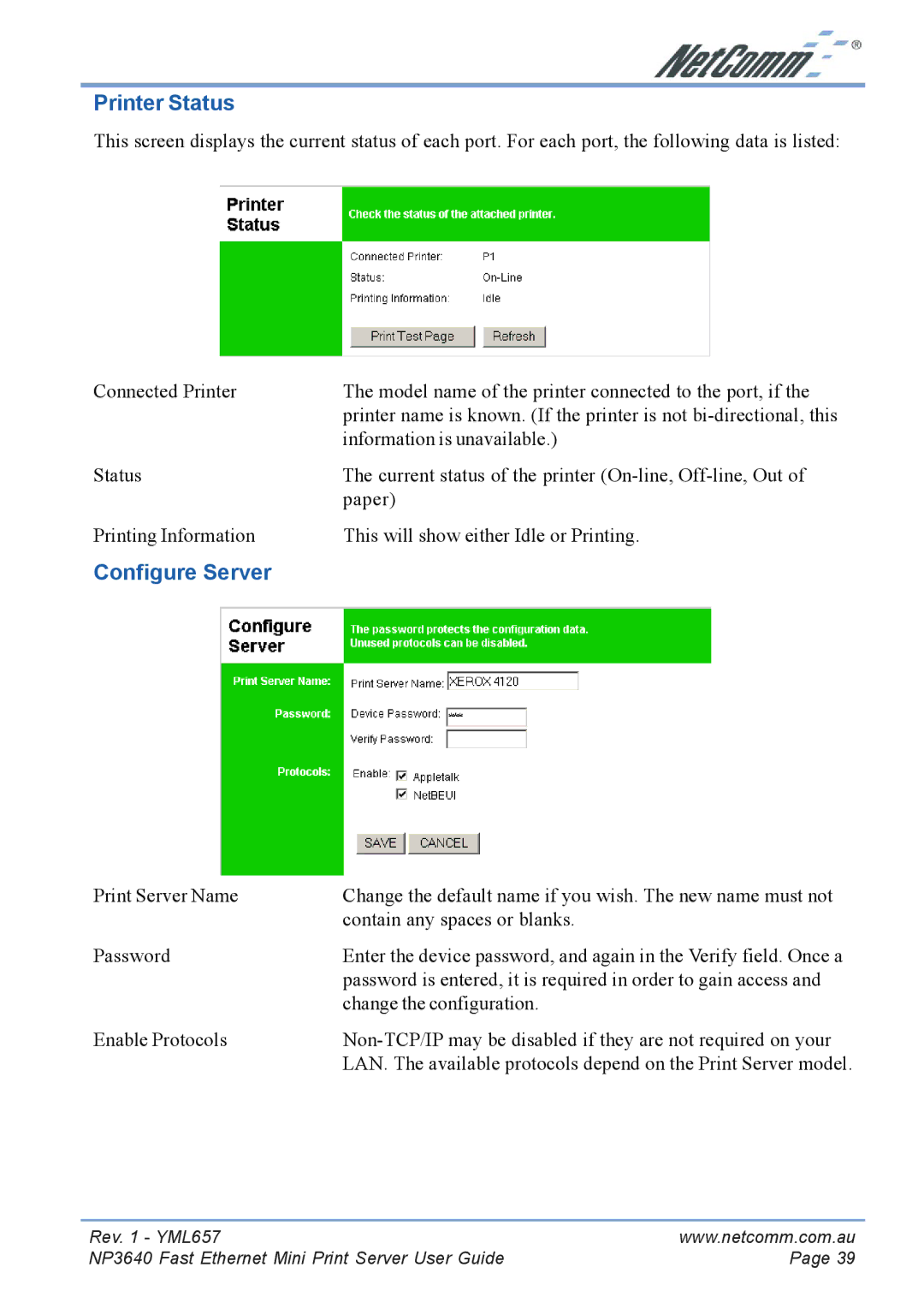 NetComm NP3640 manual Printer Status, Configure Server 