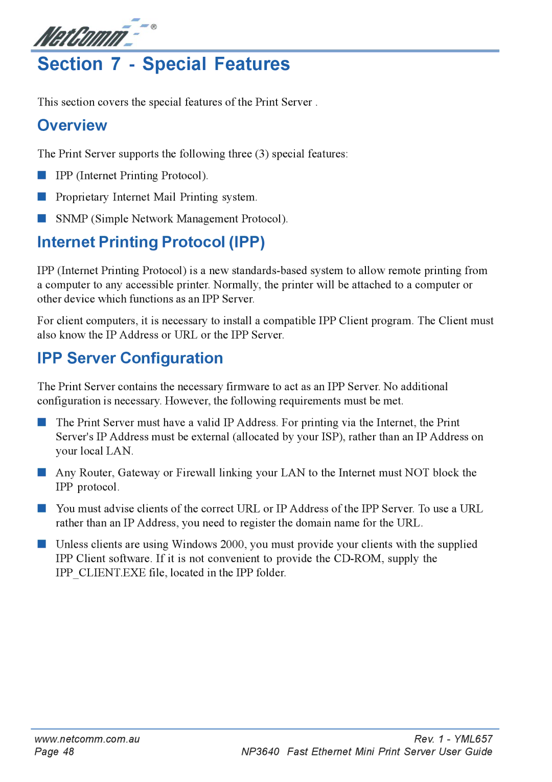 NetComm NP3640 manual Special Features, Internet Printing Protocol IPP, IPP Server Configuration 