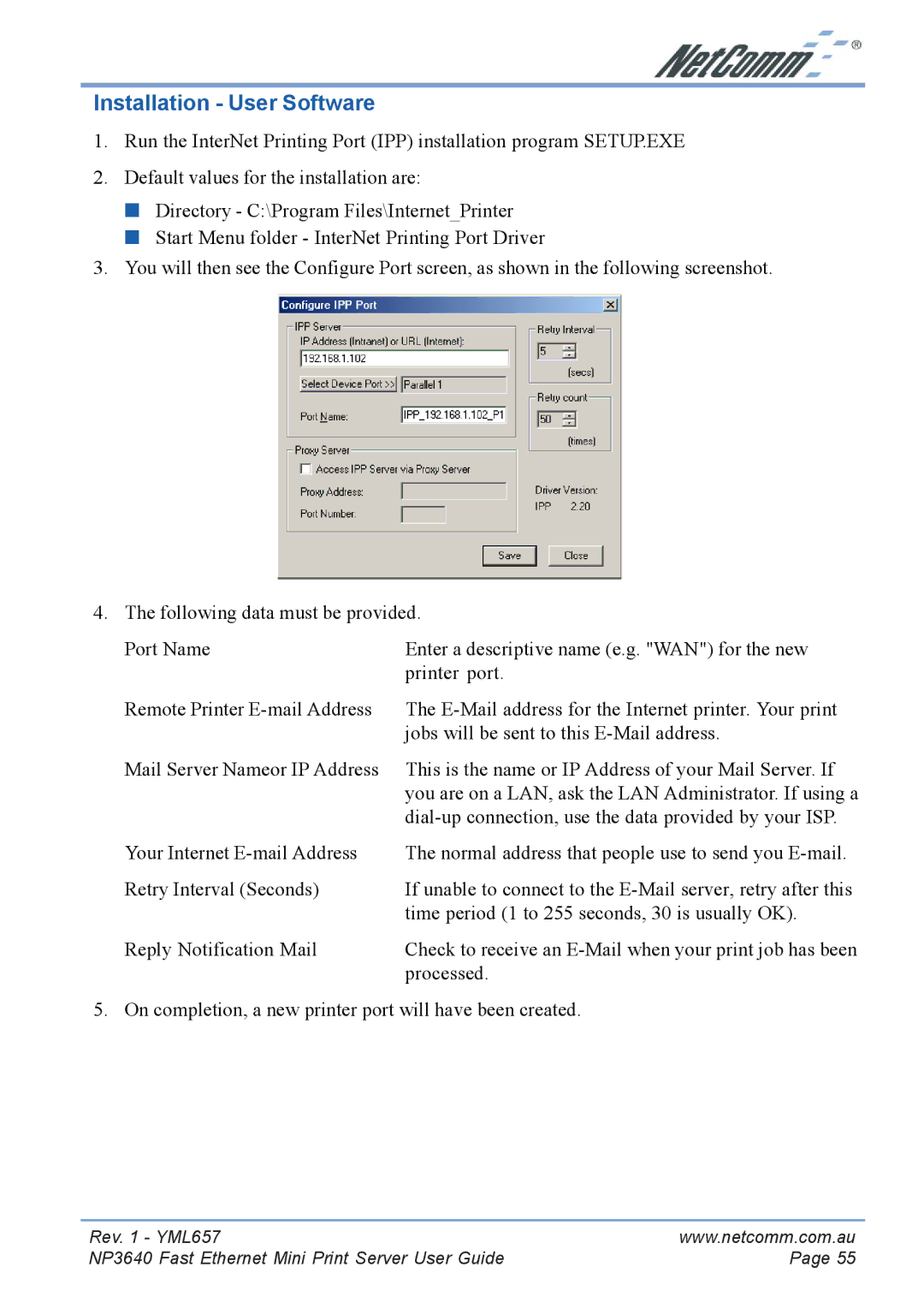 NetComm NP3640 manual Installation User Software 