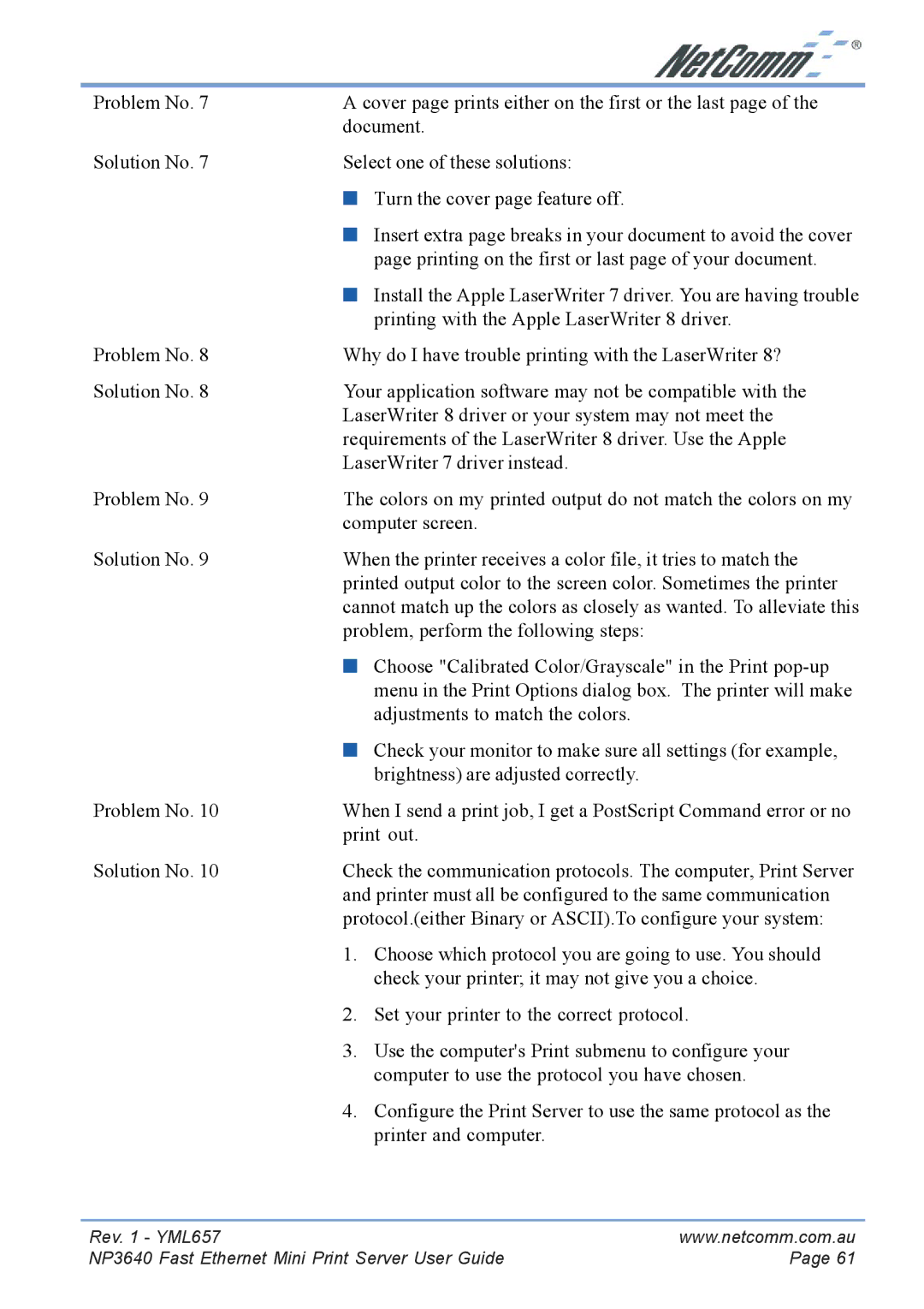 NetComm NP3640 manual Problem, perform the following steps 