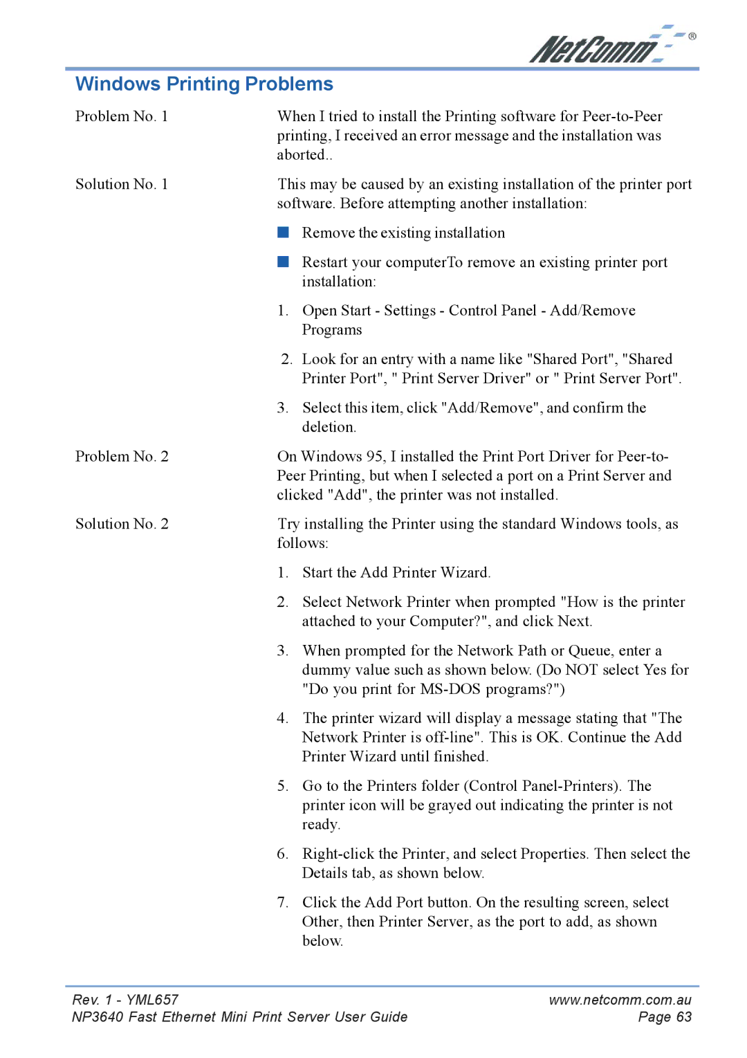 NetComm NP3640 manual Windows Printing Problems 