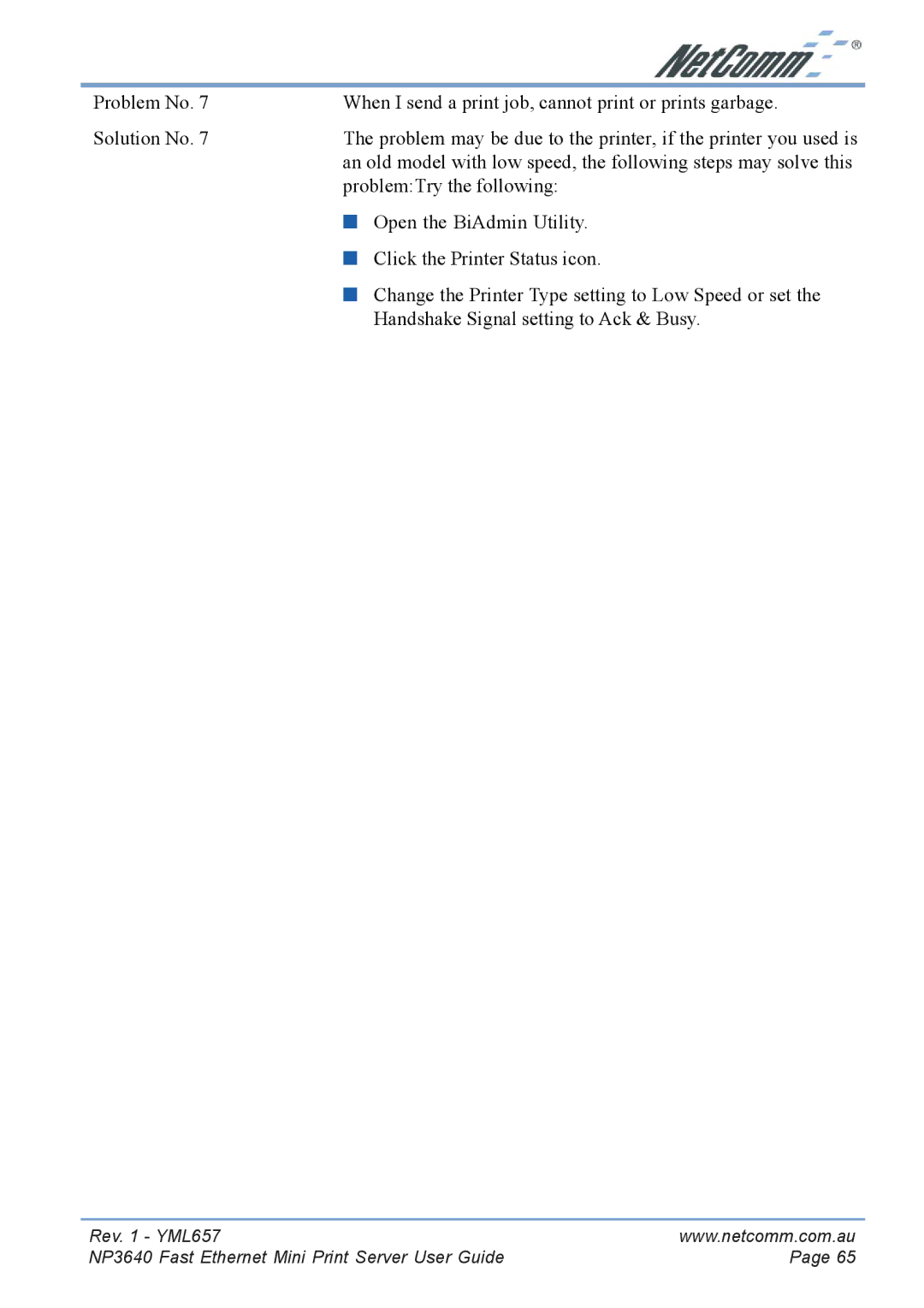 NetComm manual Rev YML657 NP3640 Fast Ethernet Mini Print Server User Guide 