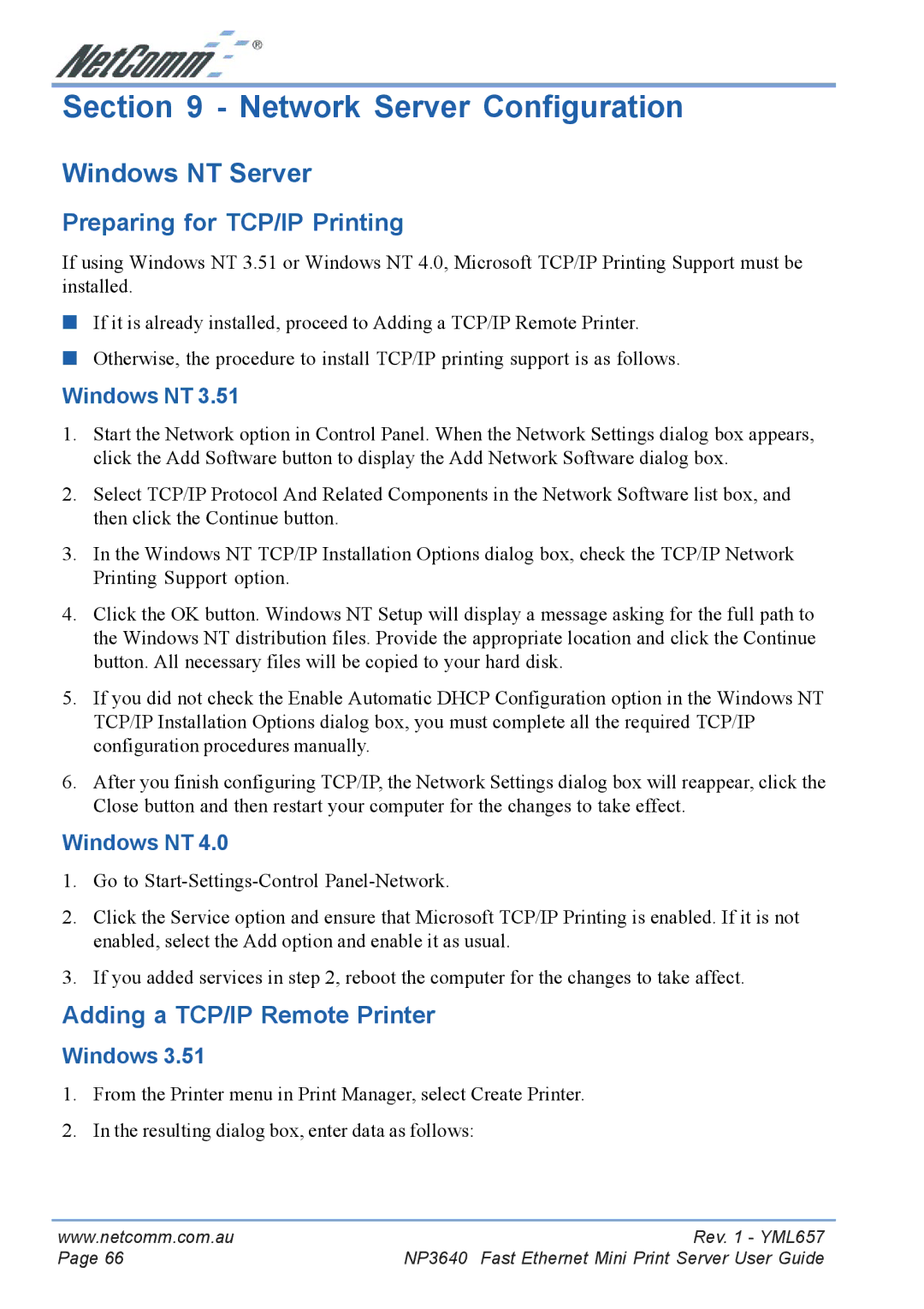 NetComm NP3640 manual Network Server Configuration, Windows NT Server, Preparing for TCP/IP Printing 