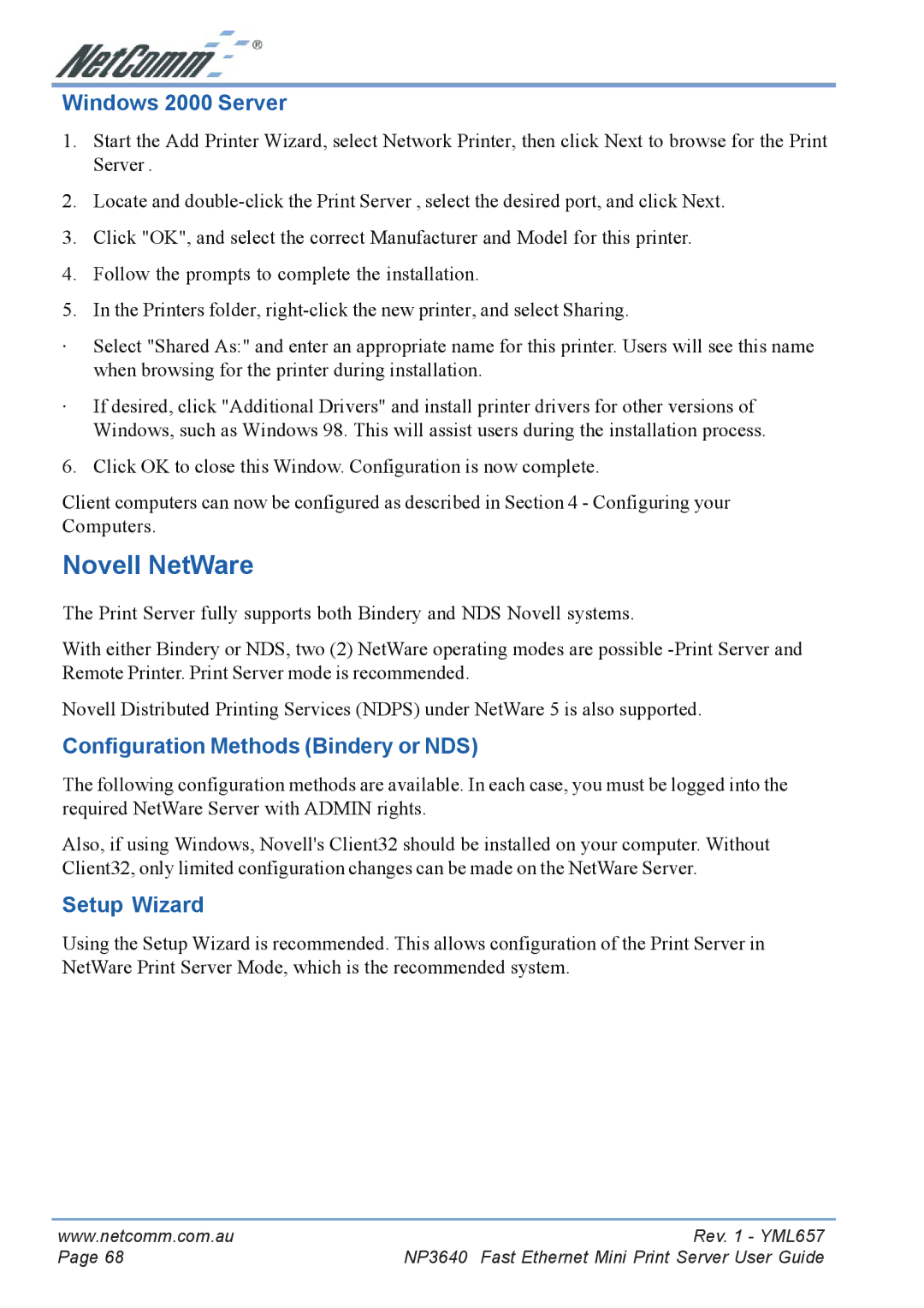 NetComm NP3640 manual Novell NetWare, Windows 2000 Server, Configuration Methods Bindery or NDS, Setup Wizard 