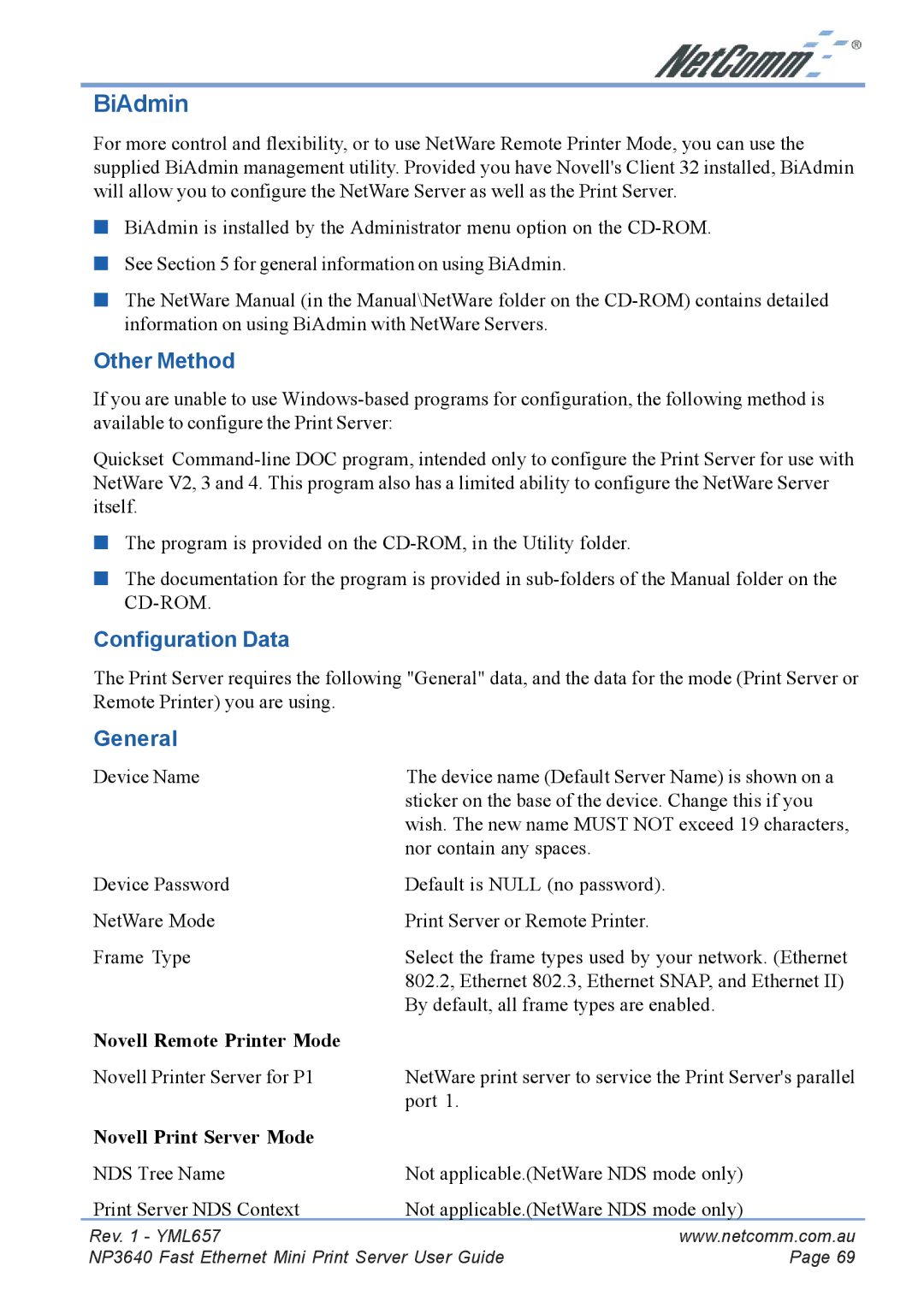 NetComm NP3640 manual BiAdmin, Other Method, Configuration Data, General 