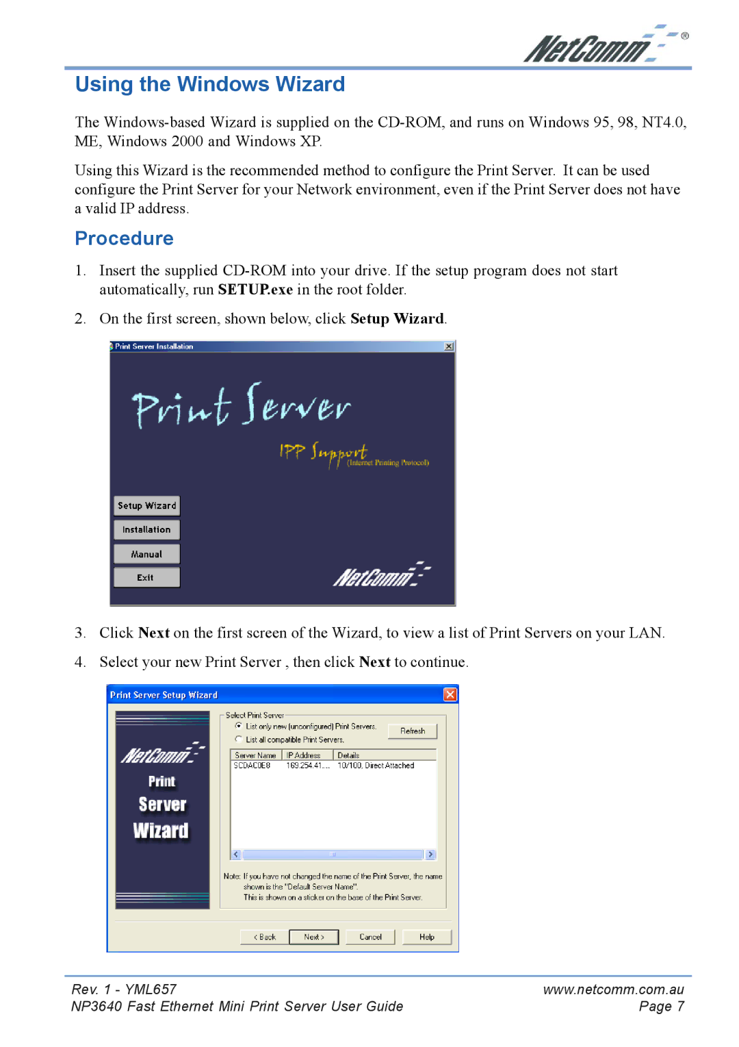 NetComm NP3640 manual Using the Windows Wizard, Procedure 