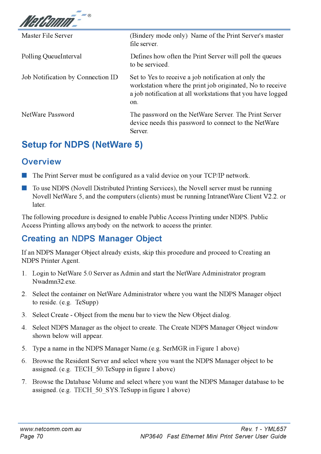 NetComm NP3640 manual Setup for Ndps NetWare, Overview, Creating an Ndps Manager Object 