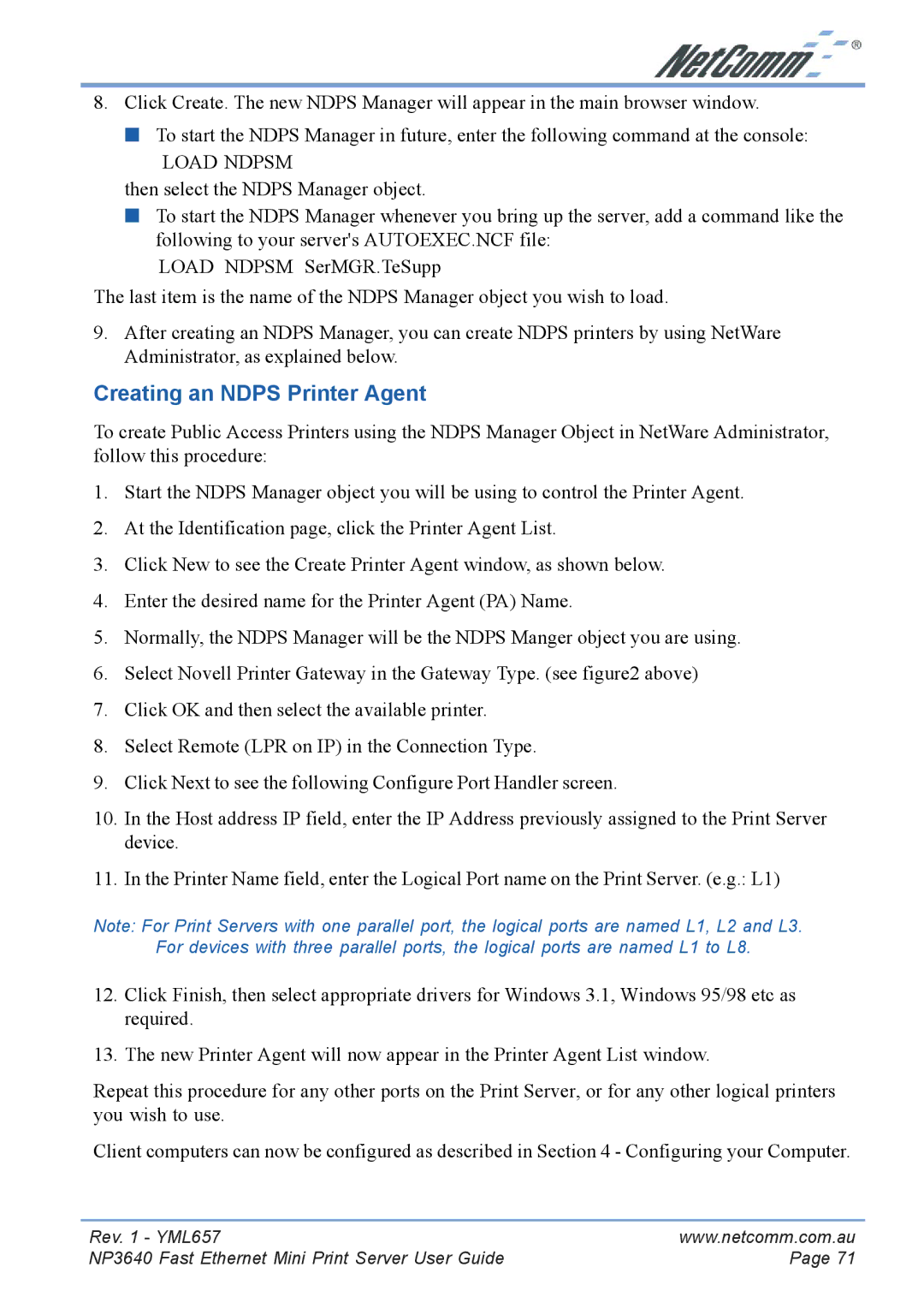 NetComm NP3640 manual Creating an Ndps Printer Agent, Load Ndpsm 