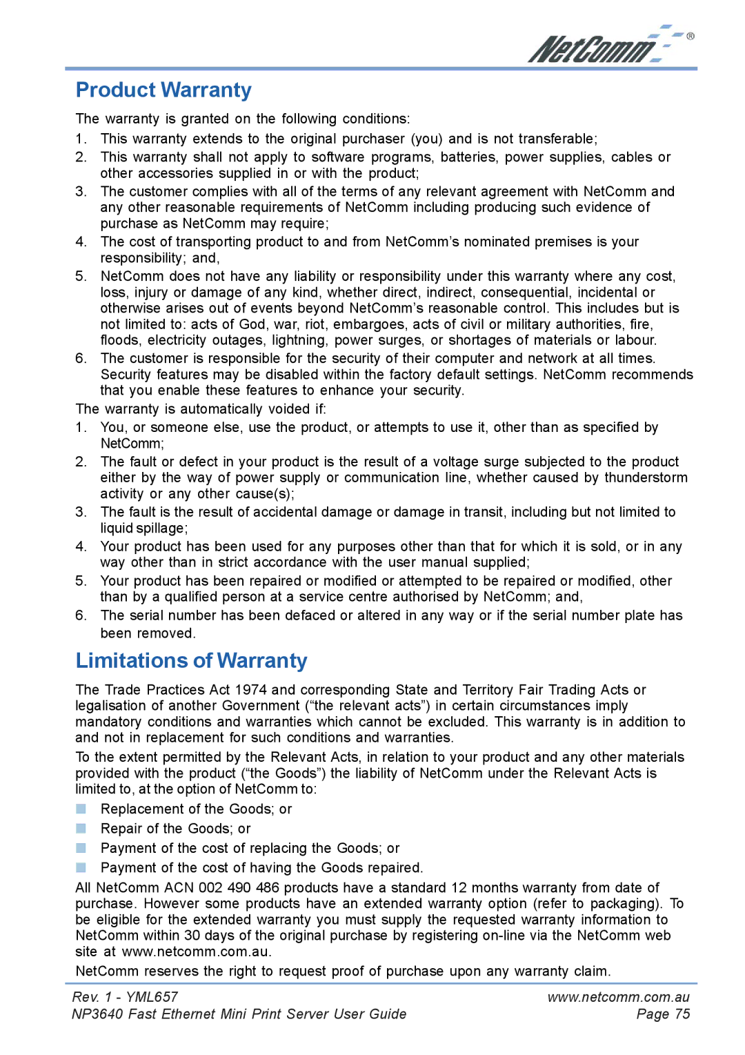 NetComm NP3640 manual Product Warranty, Limitations of Warranty 