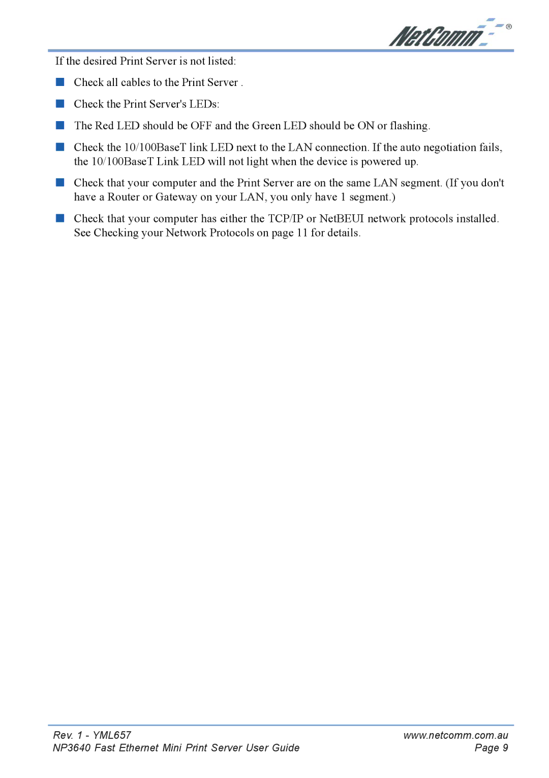 NetComm manual Rev YML657 NP3640 Fast Ethernet Mini Print Server User Guide 