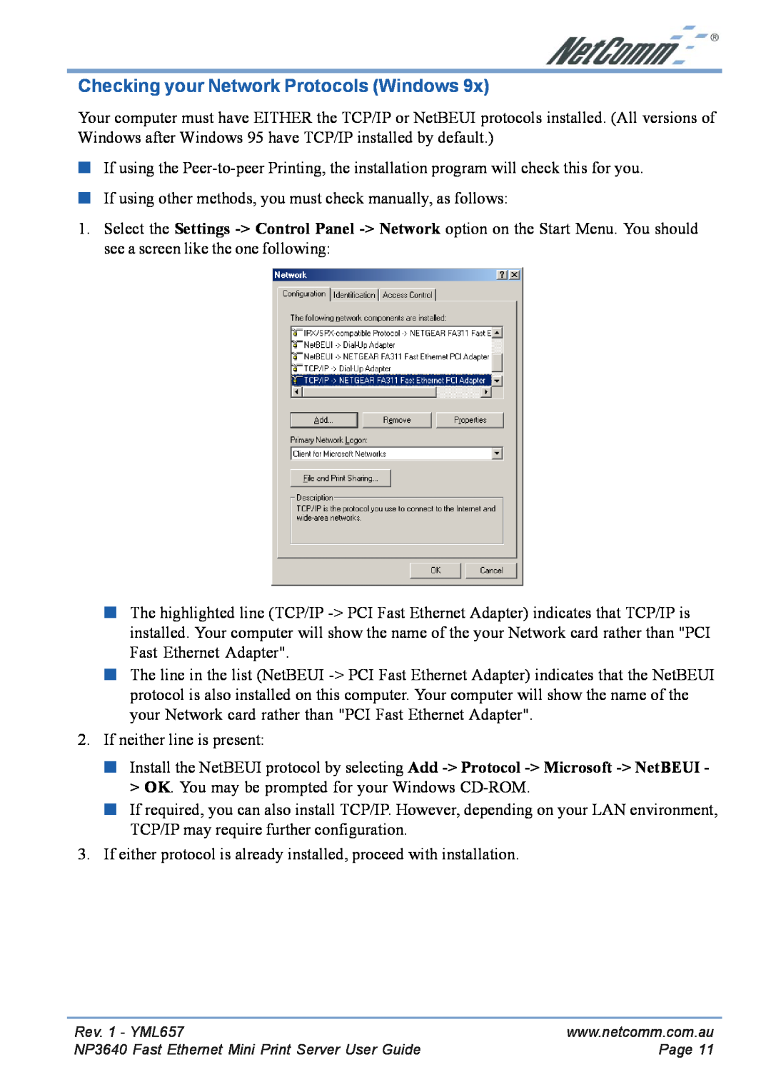 NetComm NP3640 manual Checking your Network Protocols Windows 