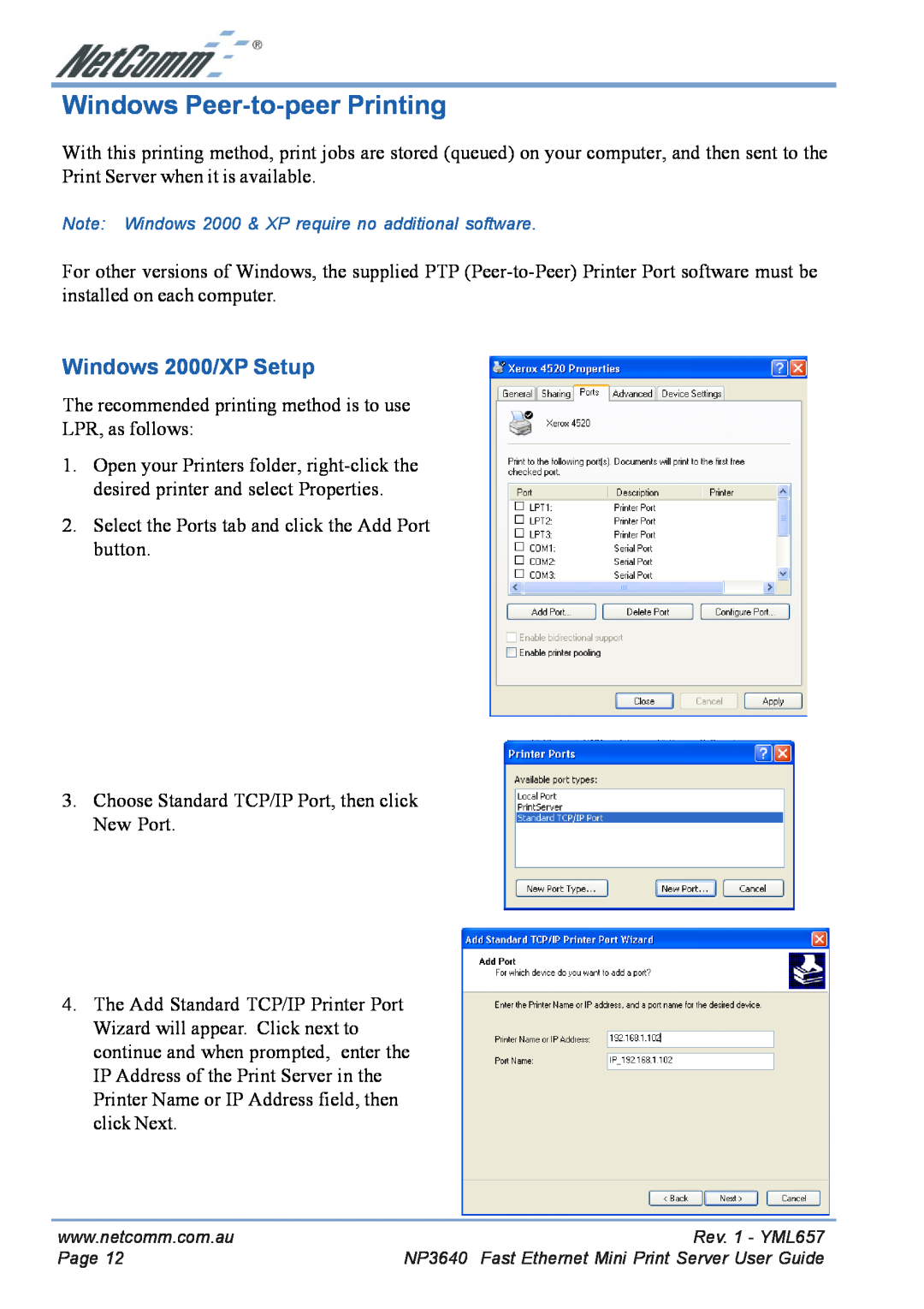 NetComm NP3640 manual Windows Peer-to-peer Printing, Windows 2000/XP Setup 