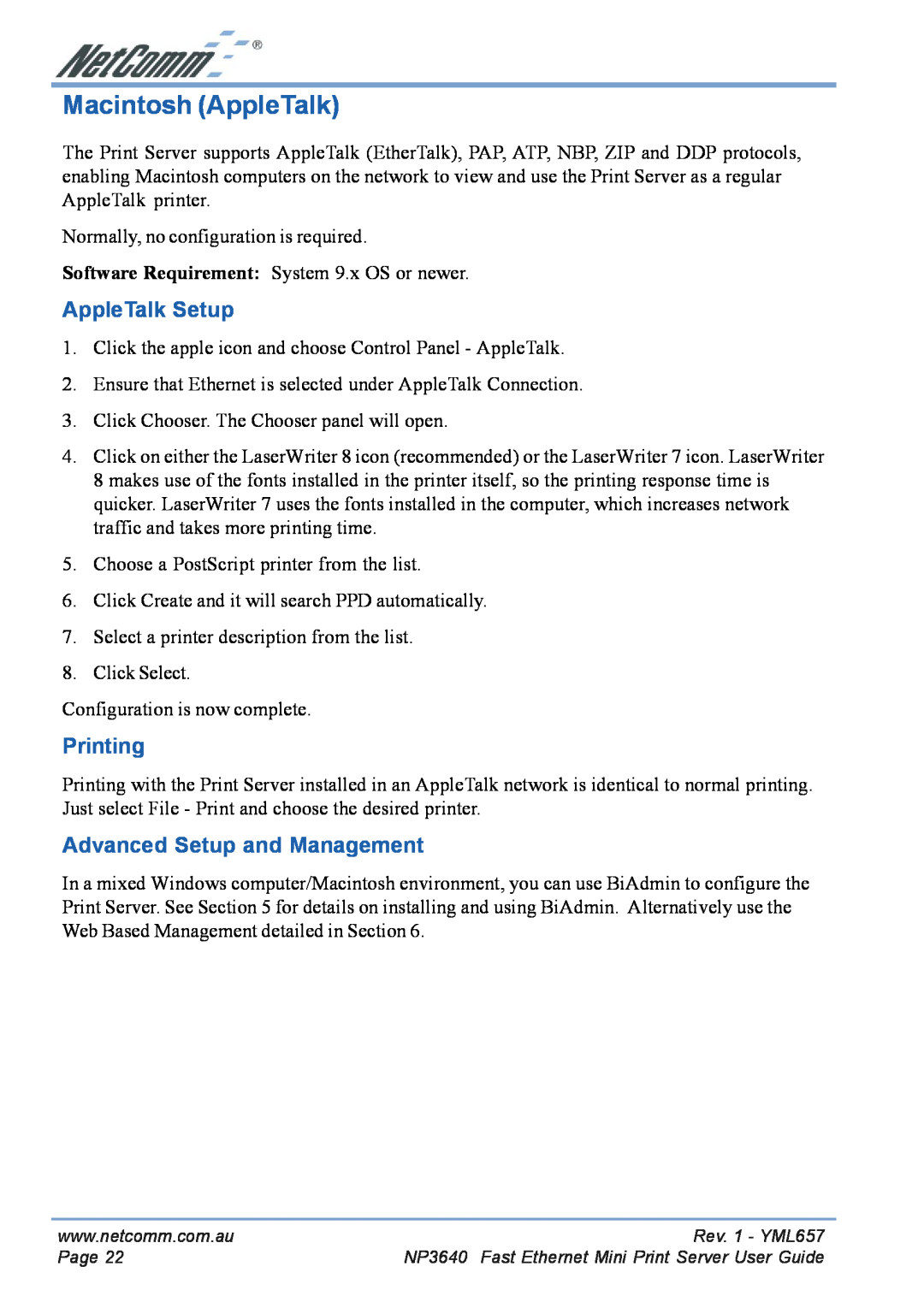 NetComm NP3640 manual Macintosh AppleTalk, AppleTalk Setup, Printing, Advanced Setup and Management 