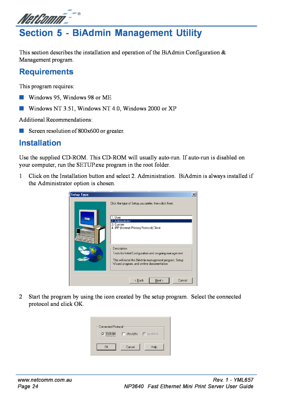 NetComm NP3640 manual BiAdmin Management Utility, Requirements, Installation 