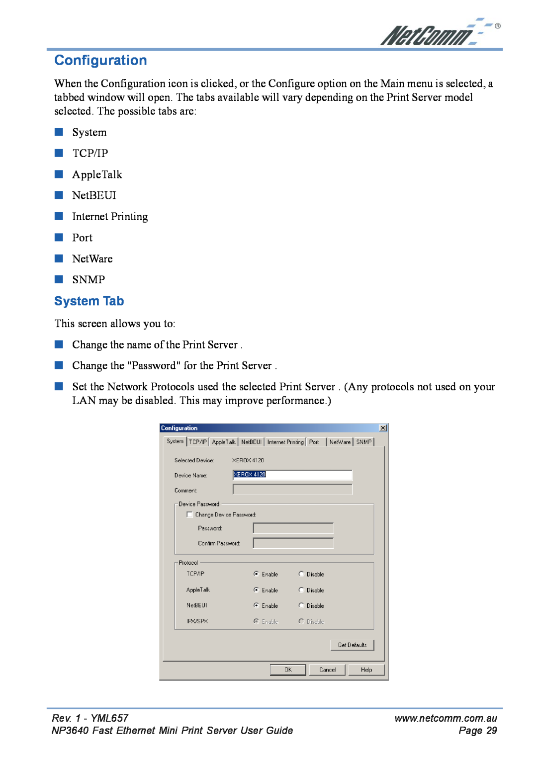 NetComm NP3640 manual Configuration, System Tab 