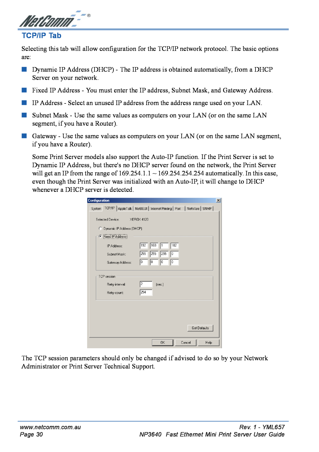 NetComm NP3640 manual TCP/IP Tab 