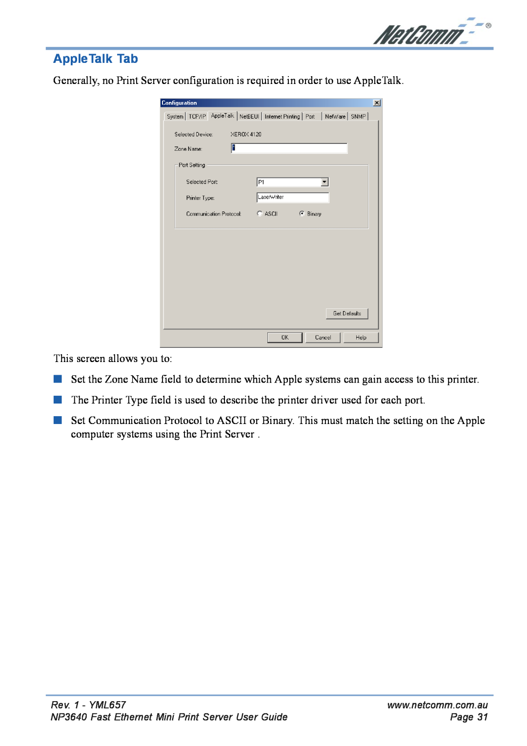 NetComm NP3640 manual AppleTalk Tab 