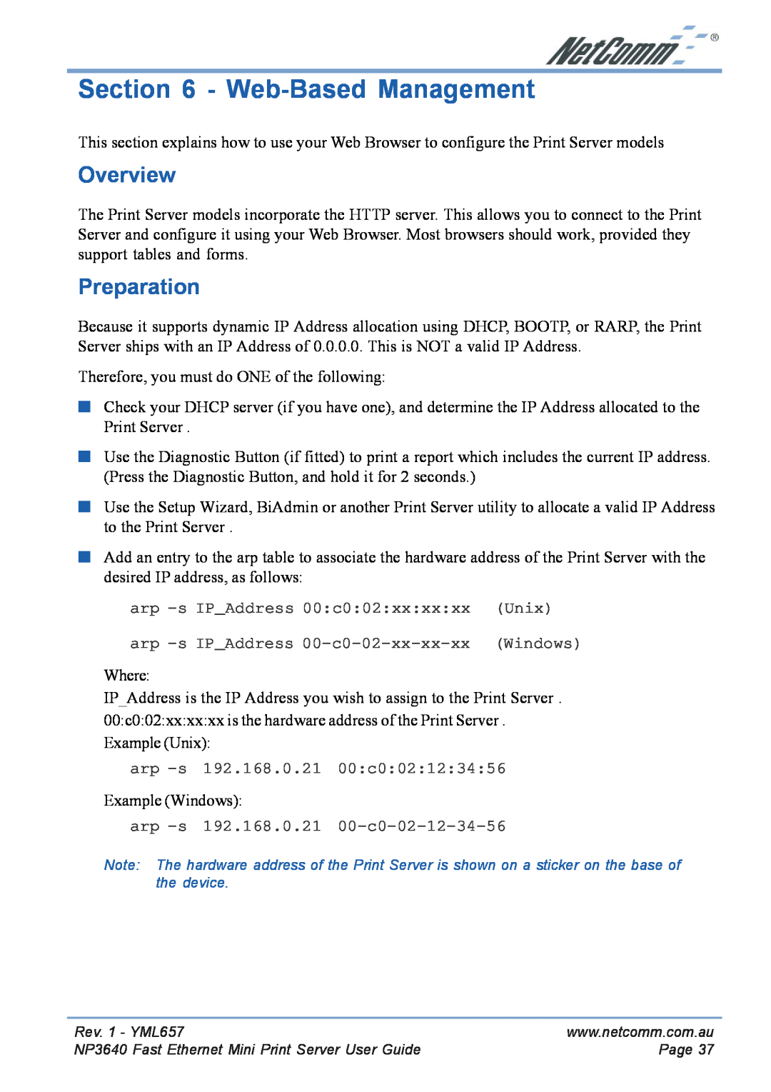 NetComm NP3640 manual Web-Based Management, Preparation, Overview, arp -s IPAddress 00c002xxxxxx Unix 