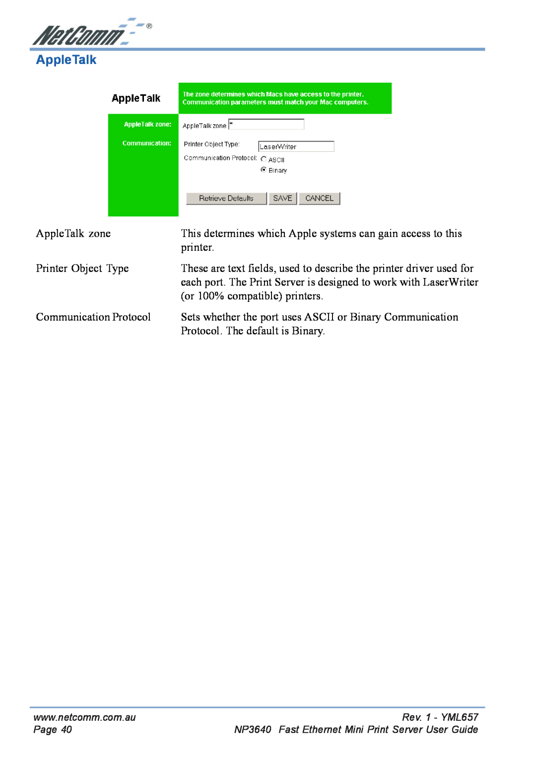 NetComm NP3640 manual AppleTalk 