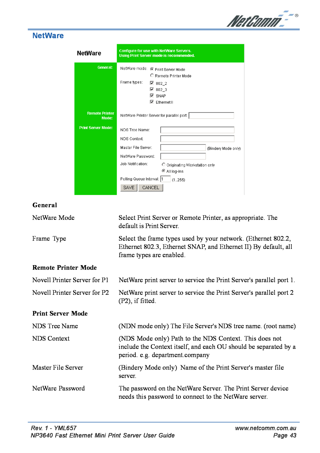 NetComm NP3640 manual General, Remote Printer Mode, Print Server Mode, NetWare 
