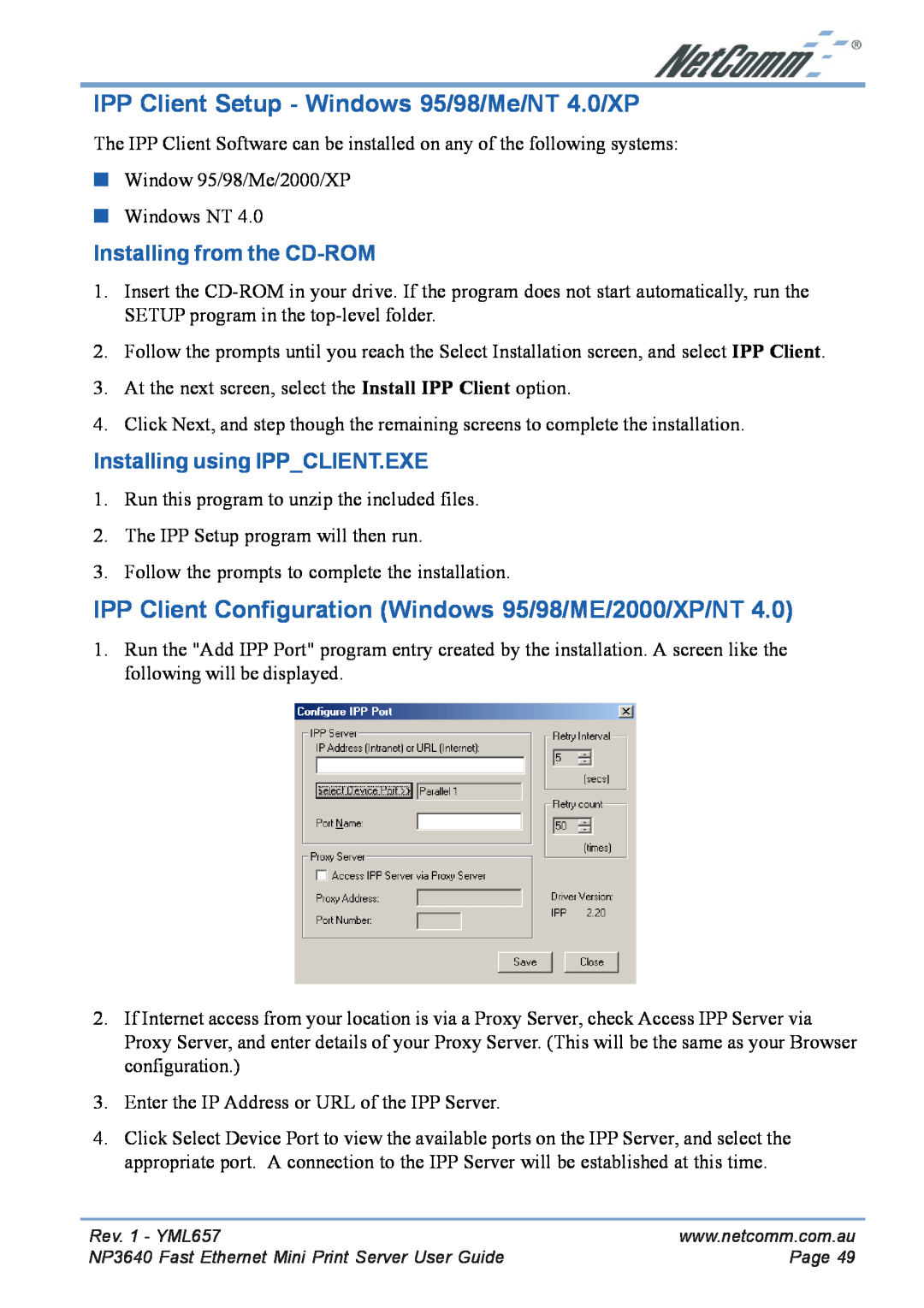 NetComm NP3640 manual IPP Client Setup - Windows 95/98/Me/NT 4.0/XP, IPP Client Configuration Windows 95/98/ME/2000/XP/NT 
