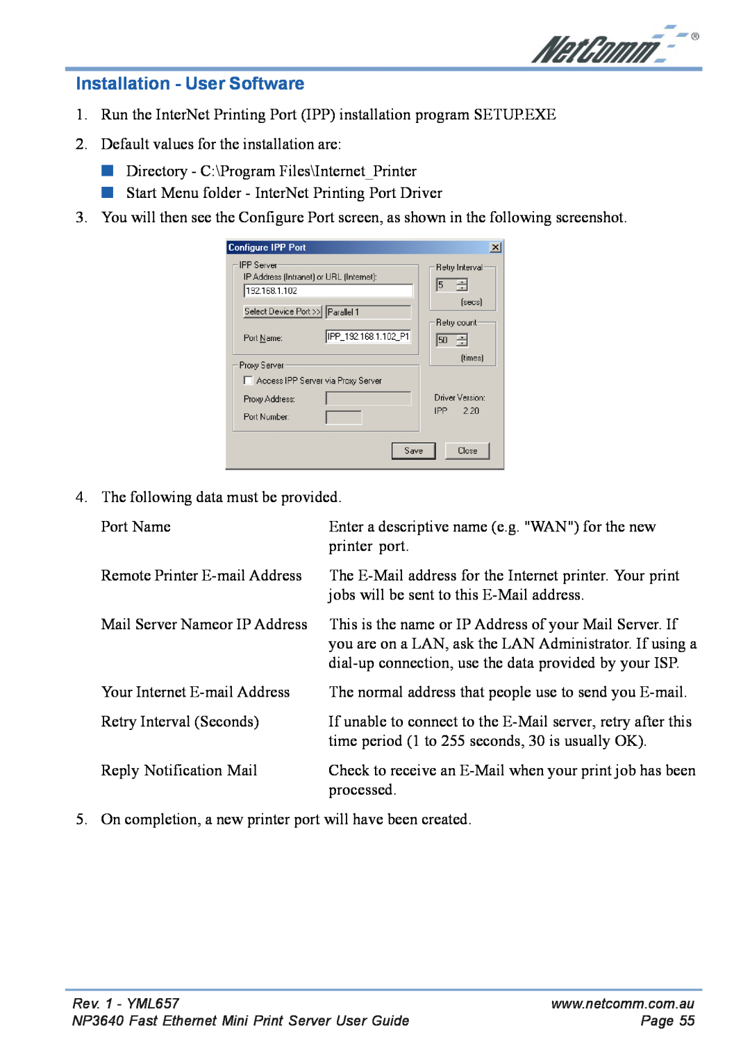 NetComm NP3640 manual Installation - User Software 