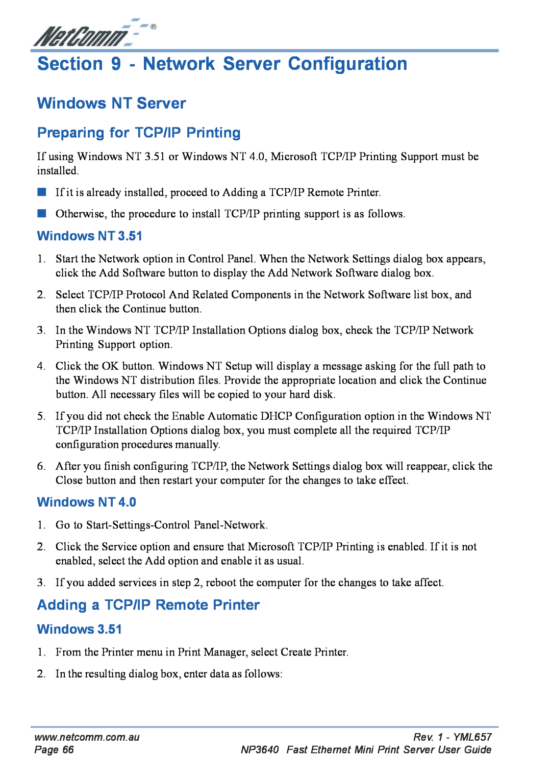 NetComm NP3640 manual Network Server Configuration, Windows NT Server, Preparing for TCP/IP Printing 
