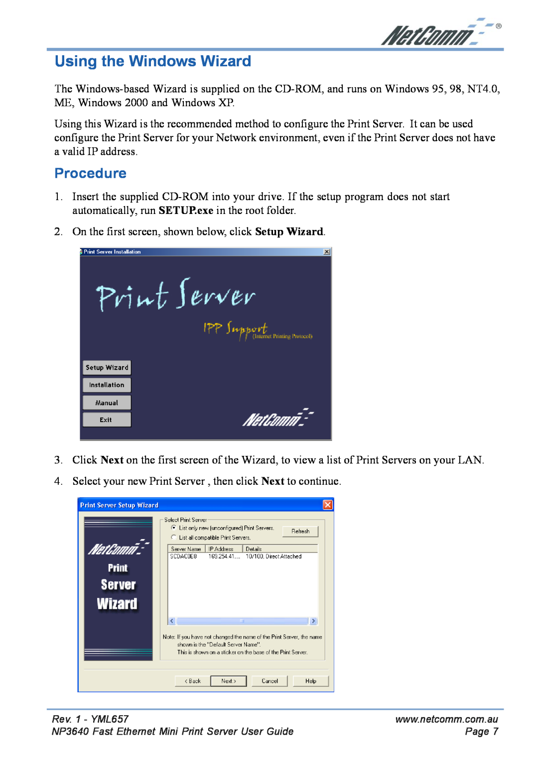 NetComm NP3640 manual Using the Windows Wizard, Procedure 