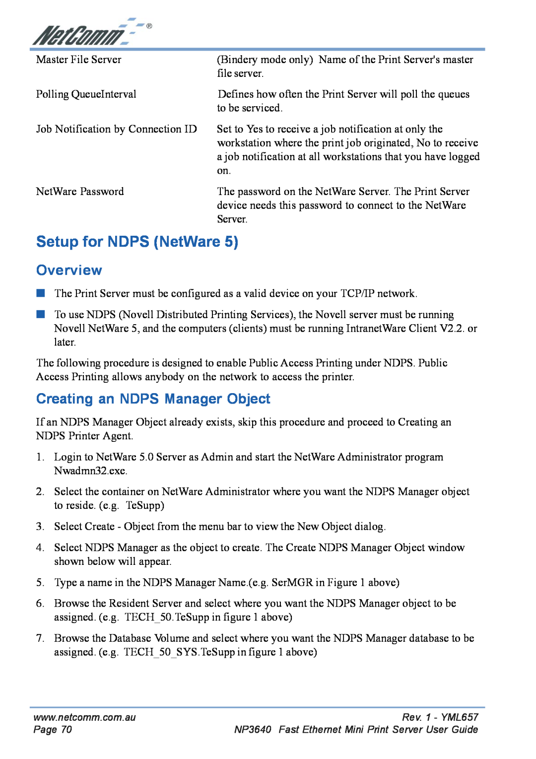 NetComm NP3640 manual Setup for NDPS NetWare, Overview, Creating an NDPS Manager Object 