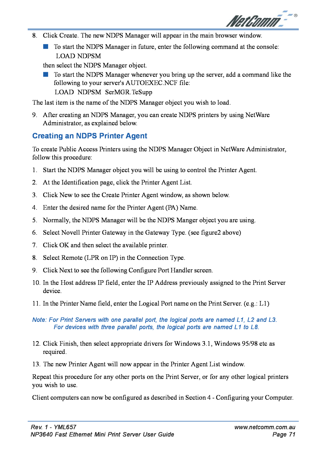 NetComm NP3640 manual Creating an NDPS Printer Agent 
