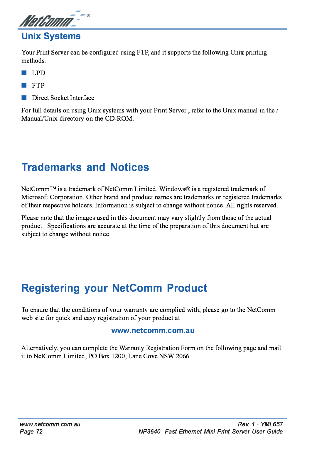NetComm NP3640 manual Trademarks and Notices, Registering your NetComm Product, Unix Systems 