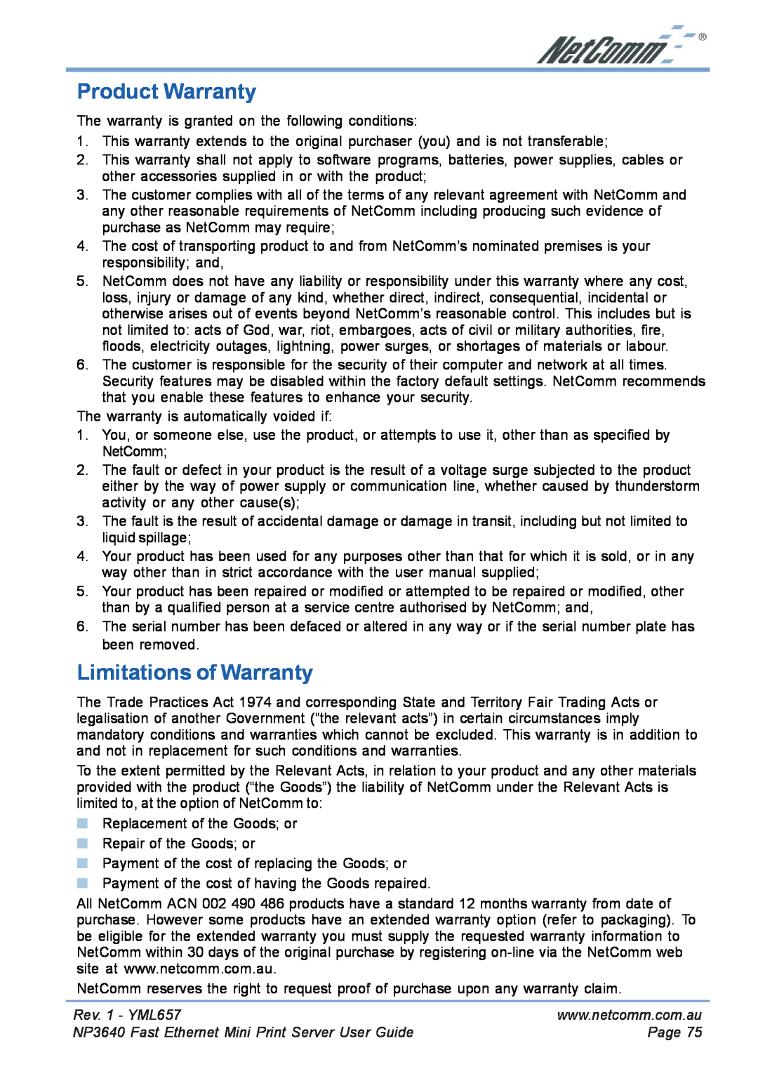 NetComm NP3640 manual Product Warranty, Limitations of Warranty, Rev. 1 - YML657, Page 