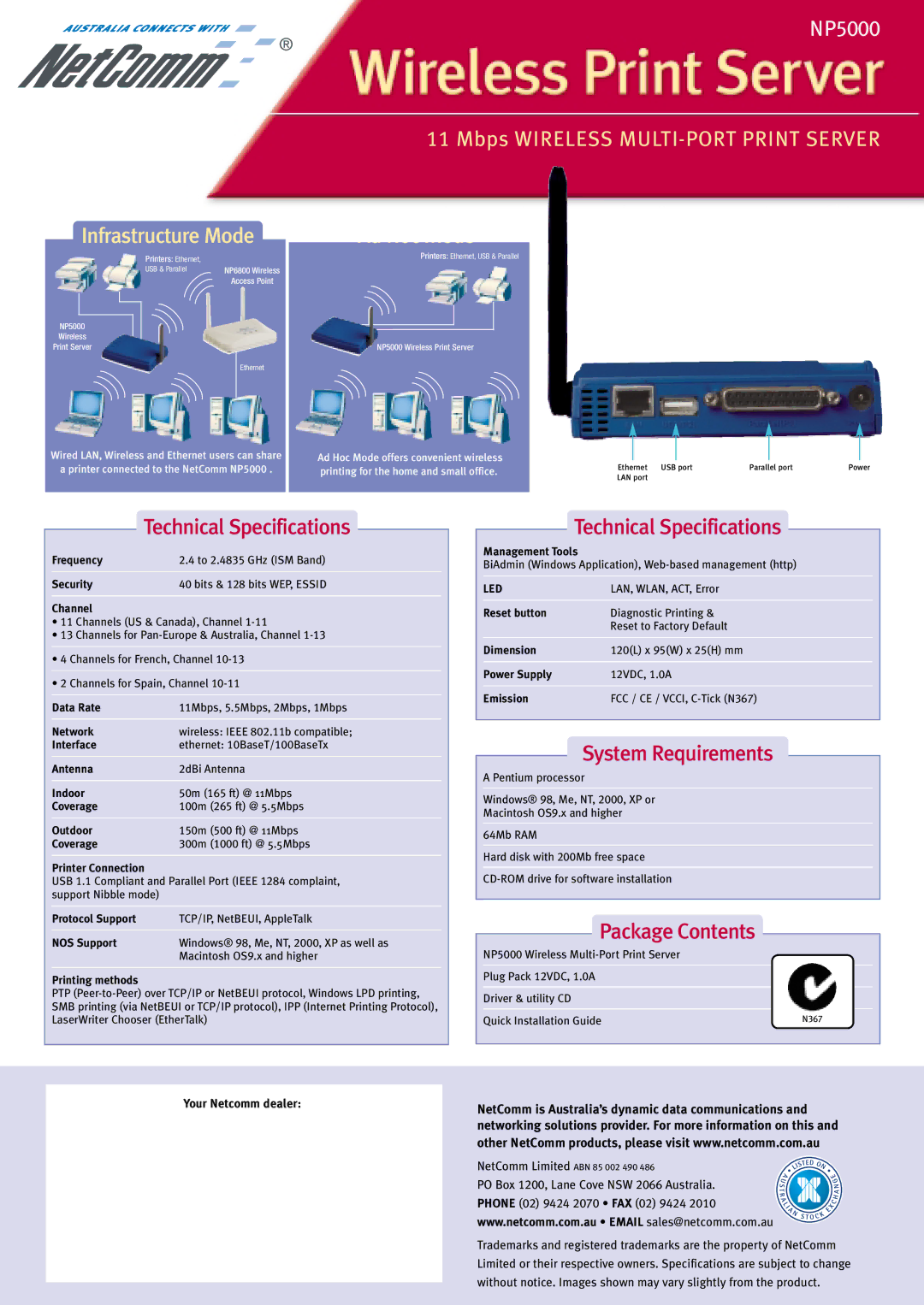 NetComm NP5000 warranty Infrastructure Mode, Ad Hoc Mode, Technical Specifications, System Requirements, Package Contents 