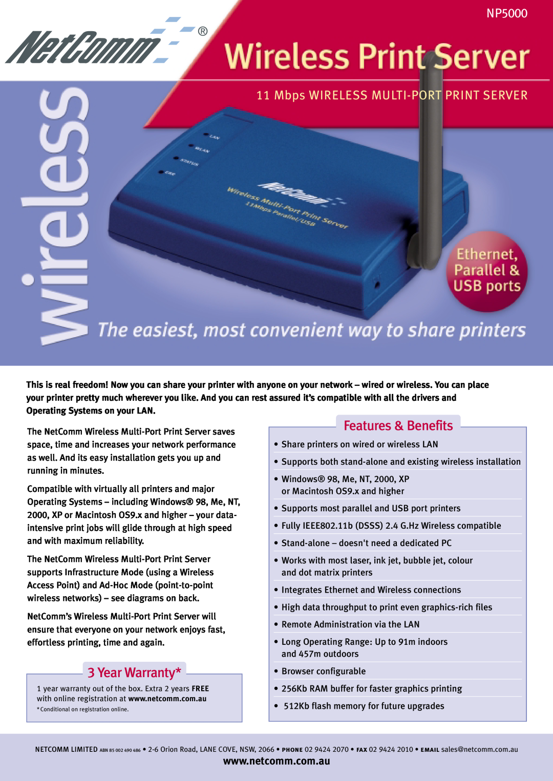 NetComm NP5000 warranty Mbps WIRELESS MULTI-PORT PRINT SERVER, Year Warranty, Features & Benefits 