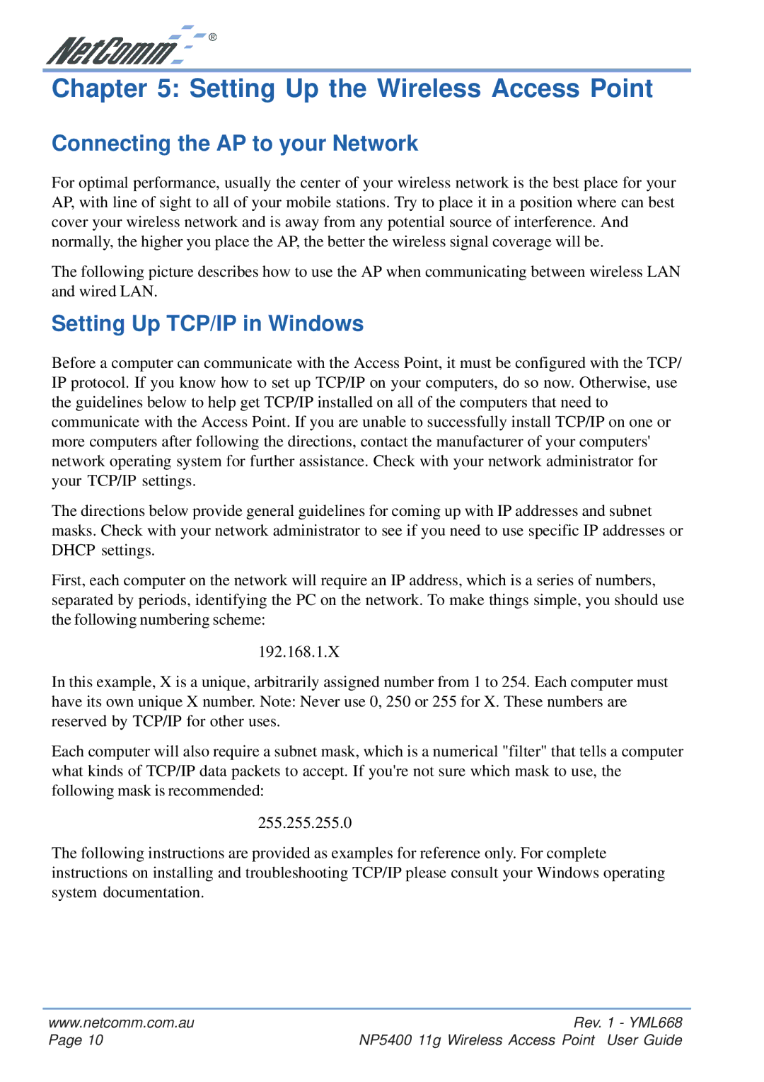 NetComm NP5400 manual Setting Up the Wireless Access Point, Connecting the AP to your Network, Setting Up TCP/IP in Windows 