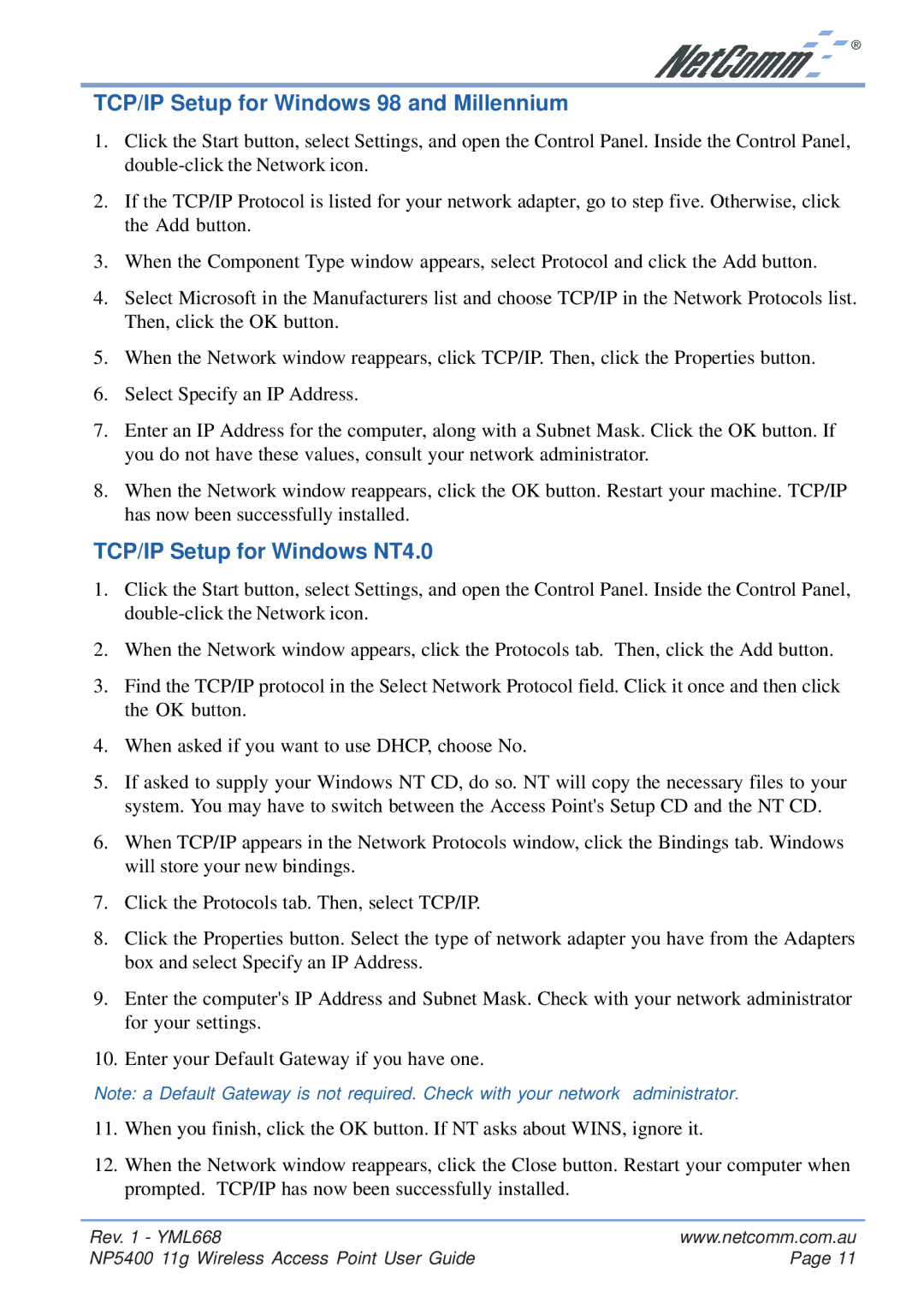 NetComm NP5400 manual TCP/IP Setup for Windows 98 and Millennium 