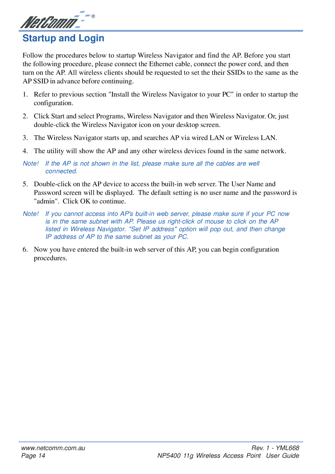 NetComm NP5400 manual Startup and Login 