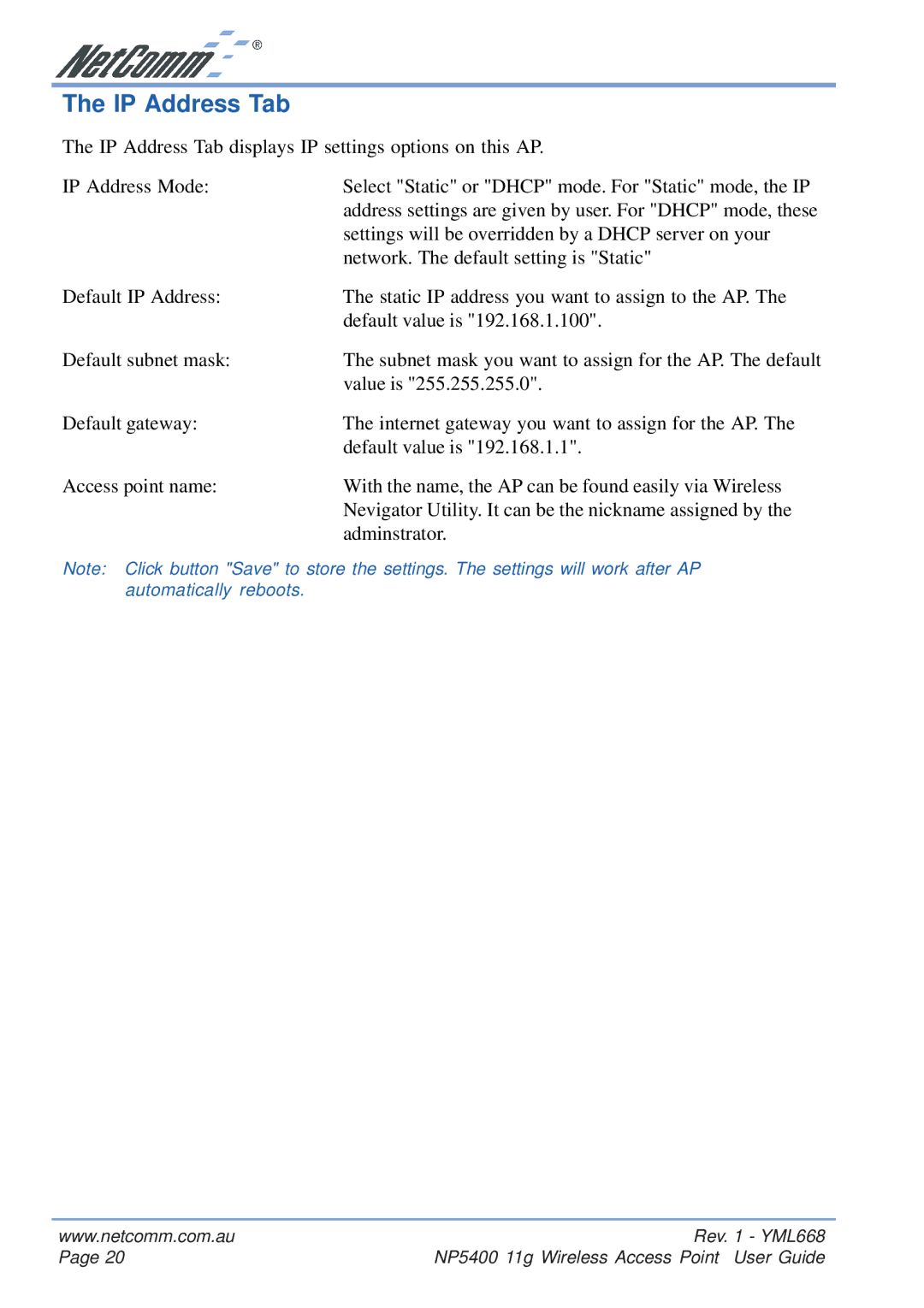 NetComm NP5400 manual IP Address Tab 