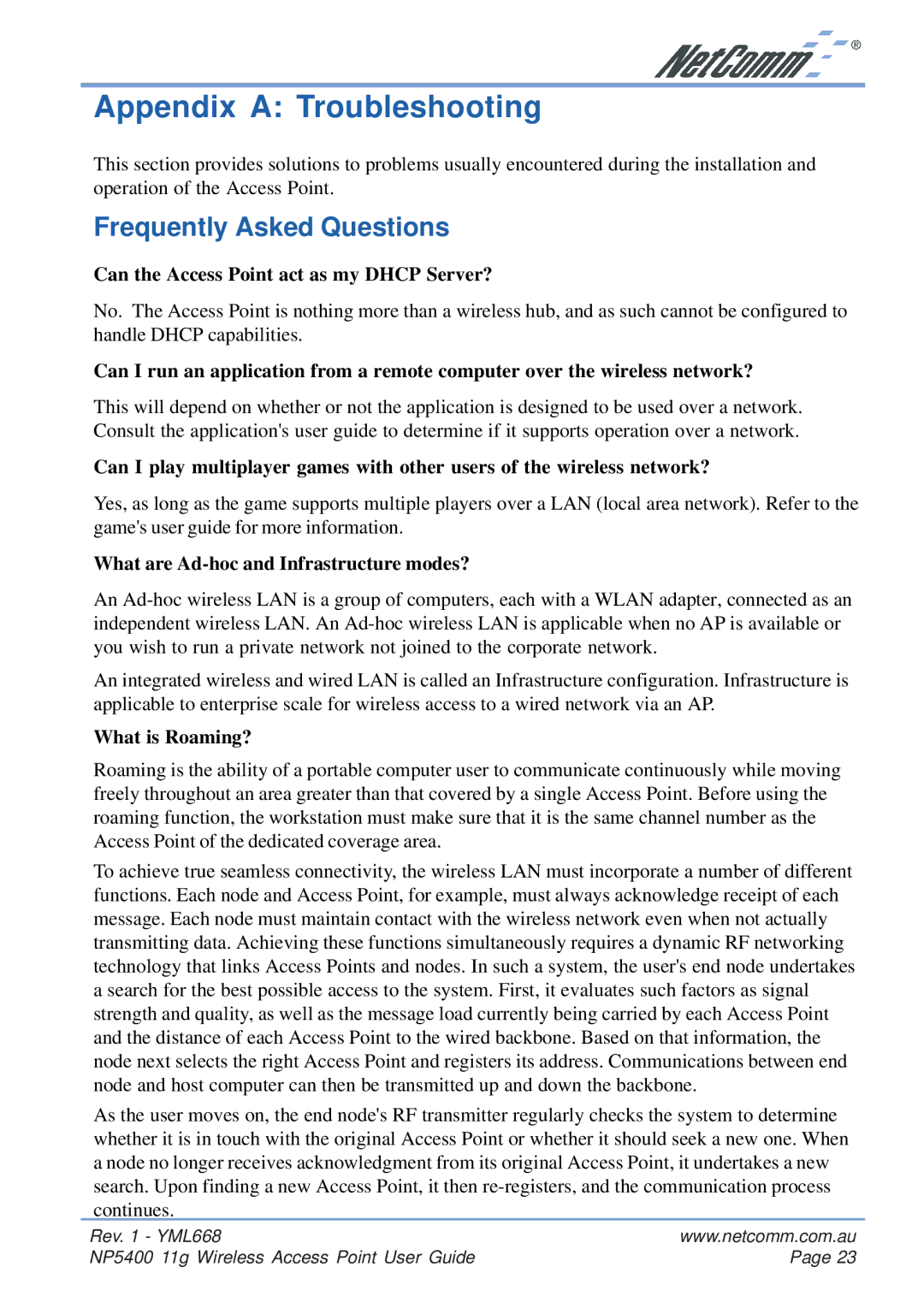 NetComm NP5400 manual Appendix a Troubleshooting, Frequently Asked Questions, Can the Access Point act as my Dhcp Server? 