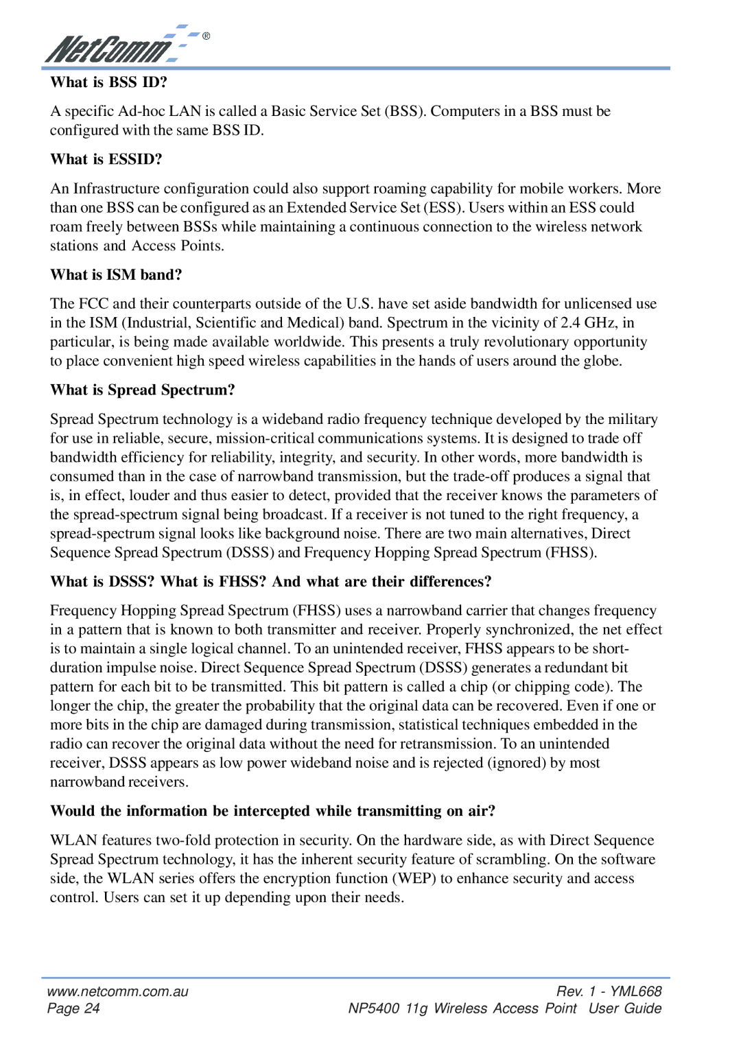 NetComm NP5400 manual What is BSS ID?, What is ESSID?, What is ISM band?, What is Spread Spectrum? 