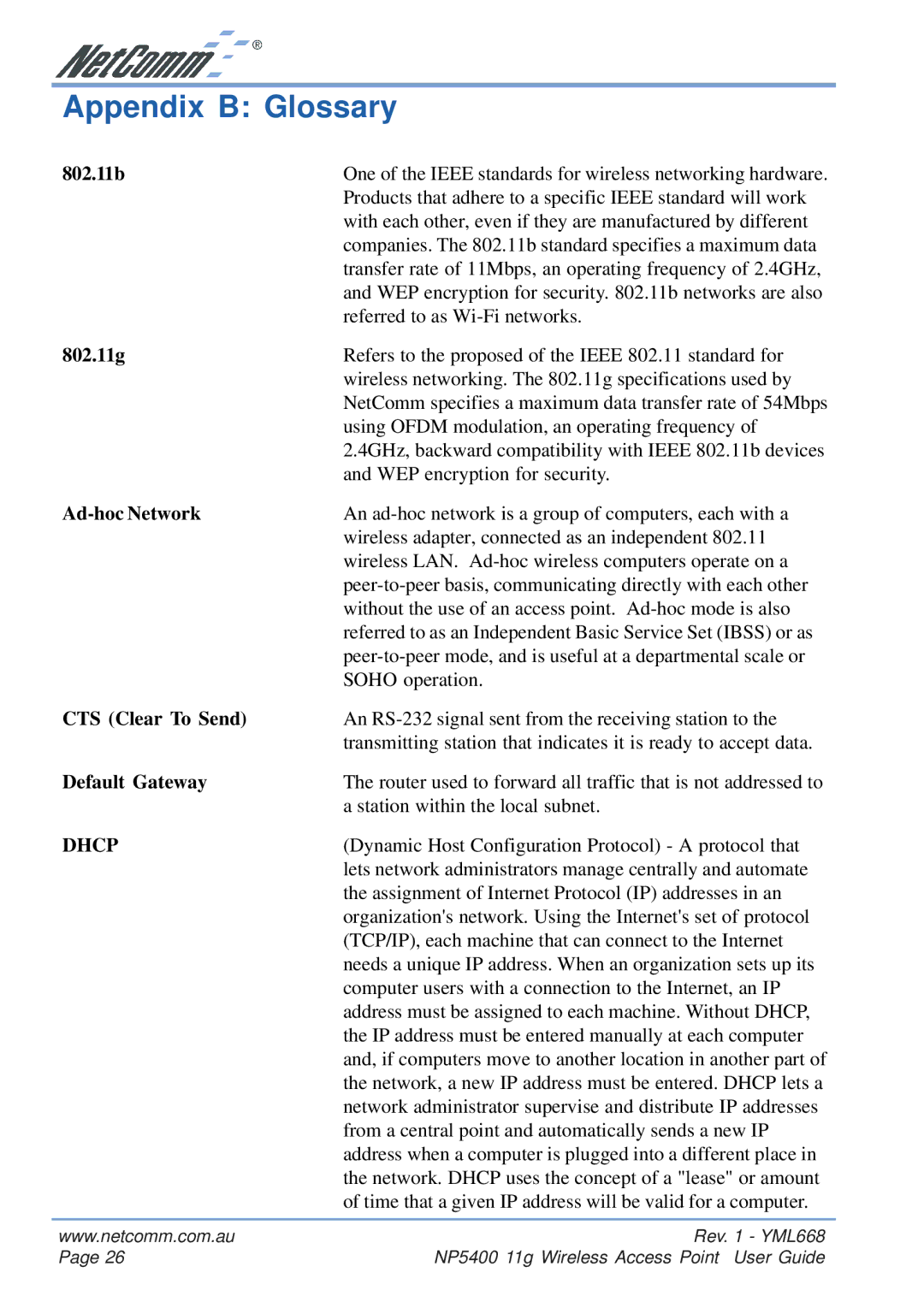 NetComm NP5400 manual Appendix B Glossary, Dhcp 