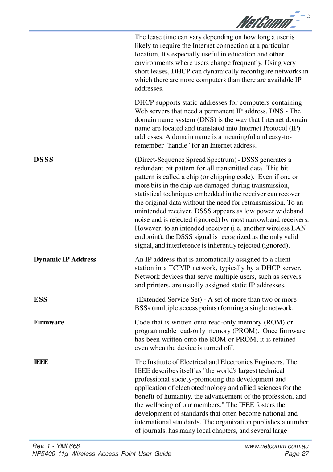 NetComm NP5400 manual S S, Dynamic IP Address, Ess, Firmware, Ieee 