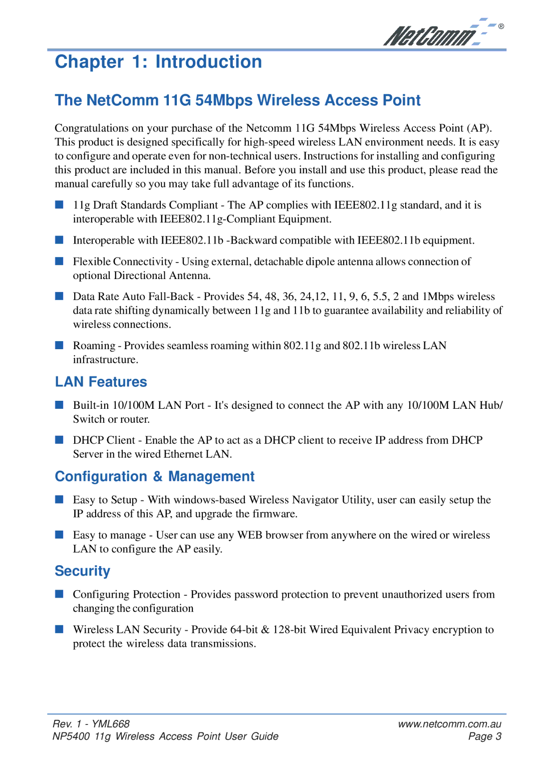 NetComm NP5400 Introduction, NetComm 11G 54Mbps Wireless Access Point, LAN Features, Configuration & Management, Security 