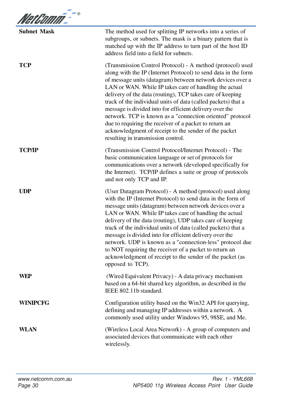 NetComm NP5400 manual Tcp/Ip, Udp, Wep, Winipcfg 