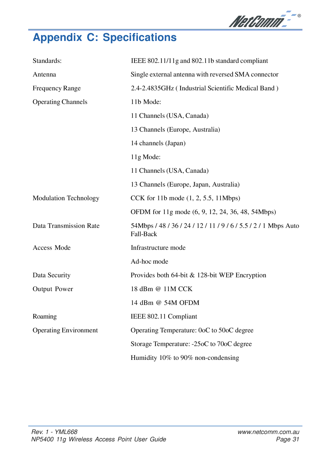 NetComm NP5400 manual Appendix C Specifications 