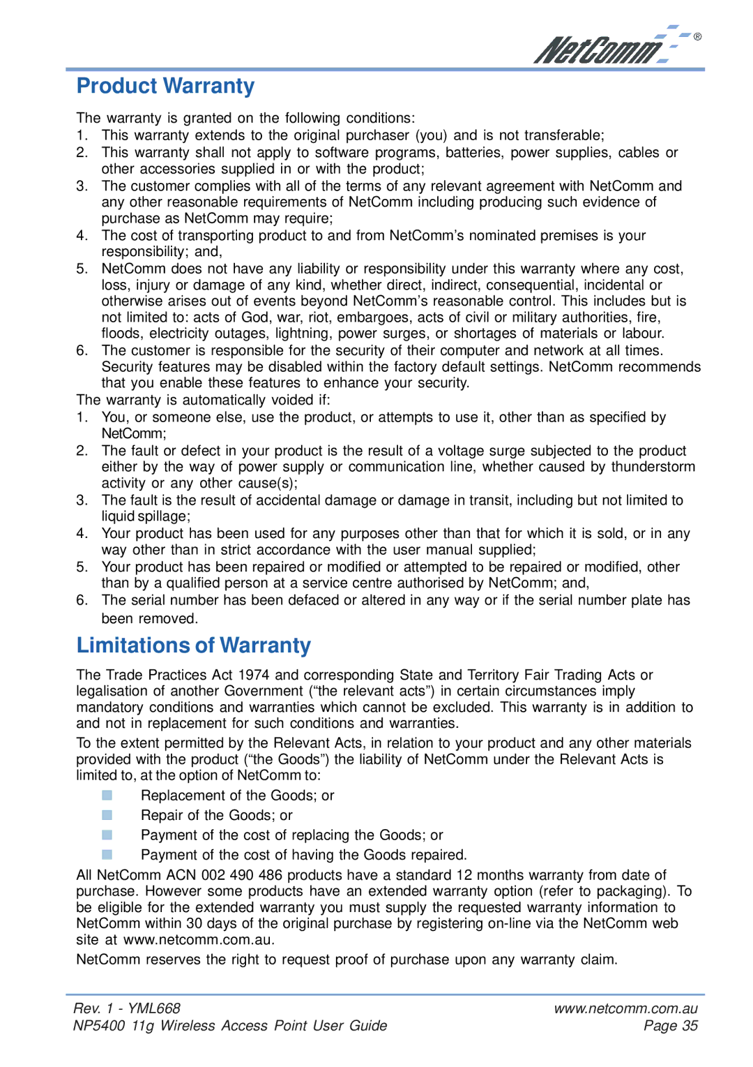 NetComm NP5400 manual Product Warranty, Limitations of Warranty 