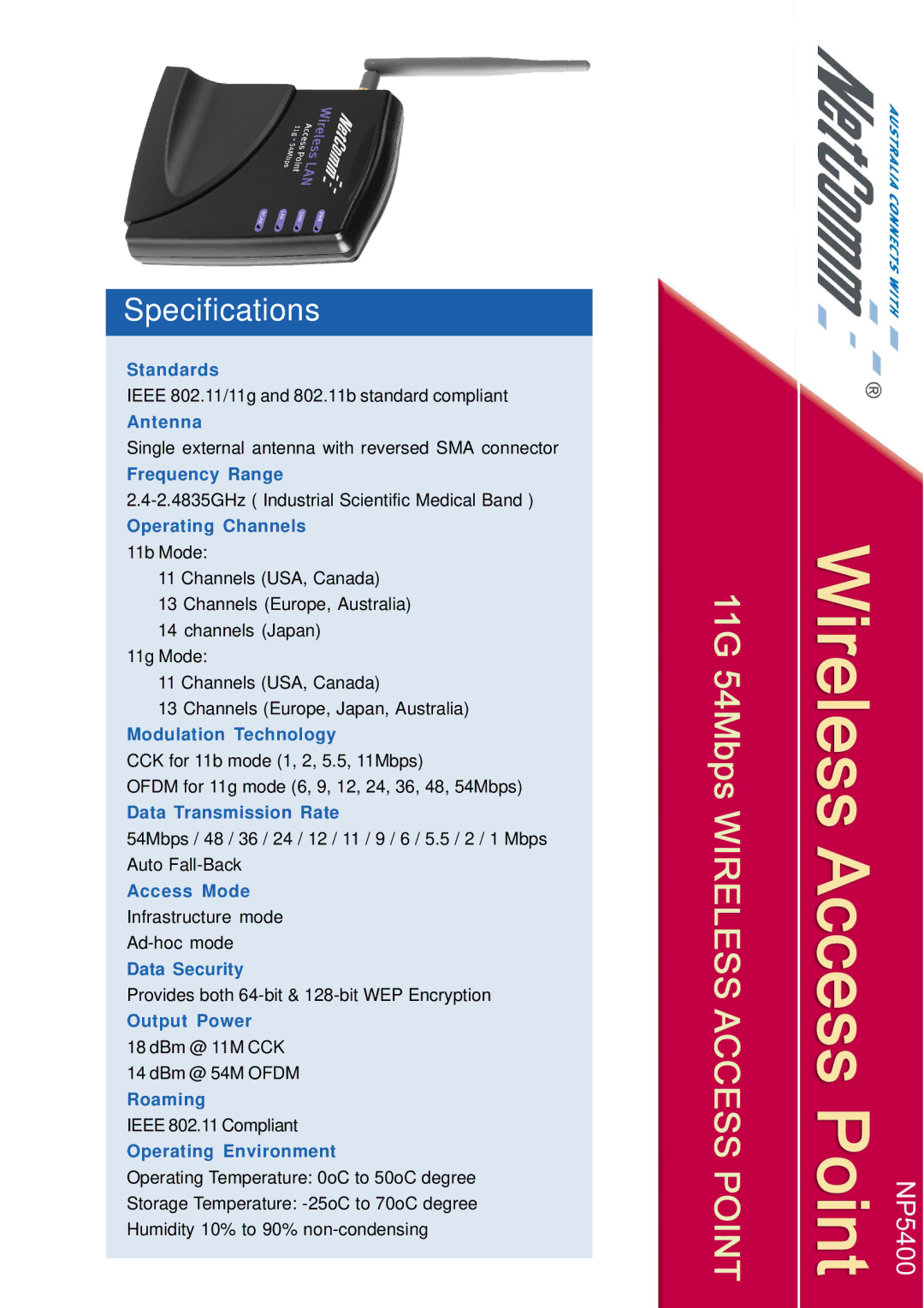 NetComm NP5400 manual Specifications 